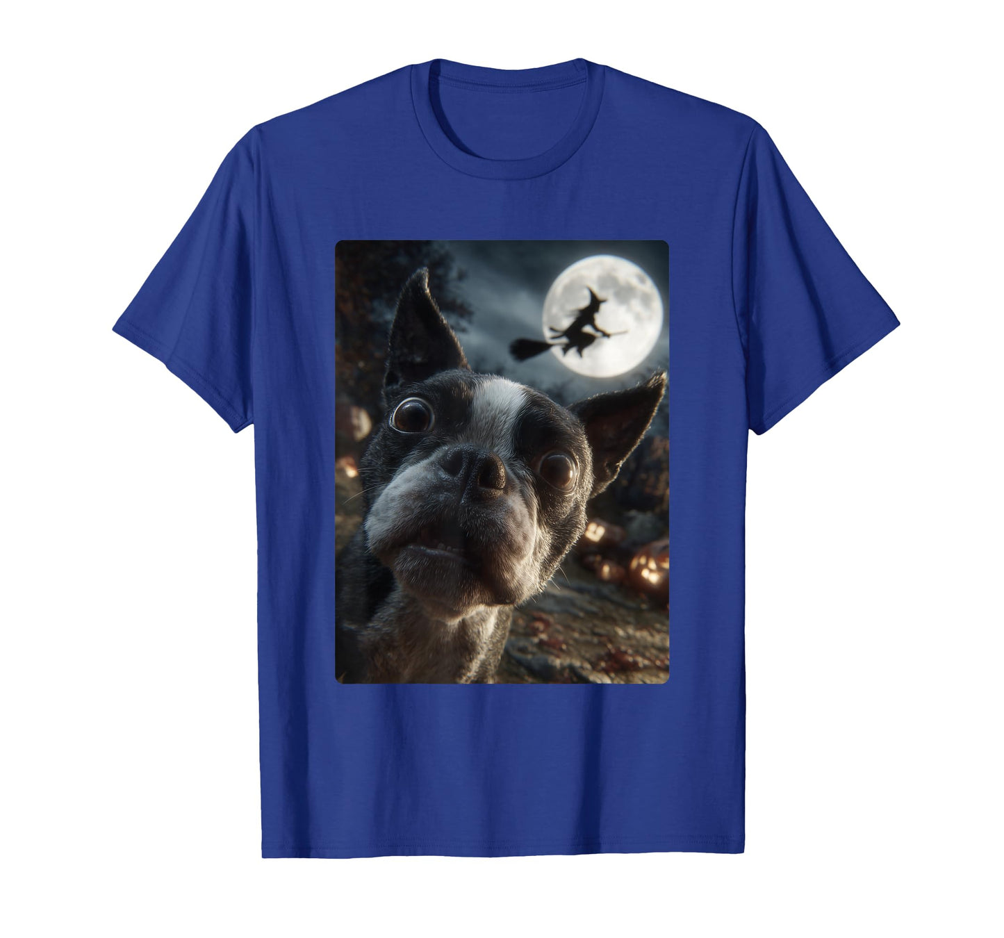 Boston Terrier Selfie Full Moon Flying Witch Halloween Dog T-Shirt