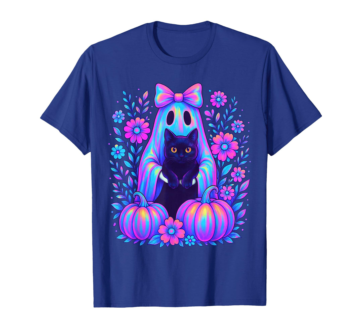 Colorful Halloween Ghost Holding Black Cat Bow Spooky Women T-Shirt