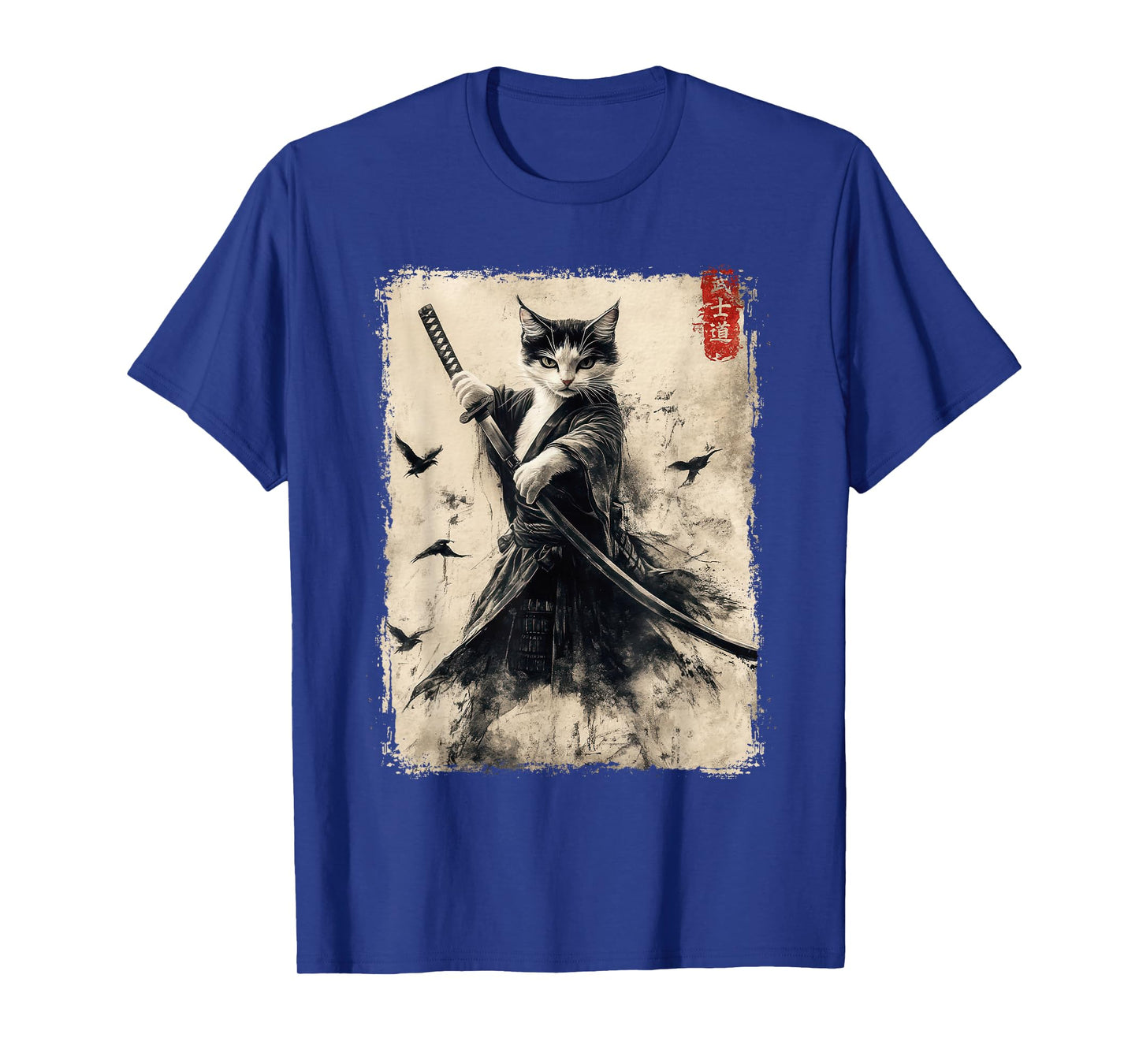 Samurai Cat Graphic Tee Warrior Vintage Japanese Art Anime T-Shirt