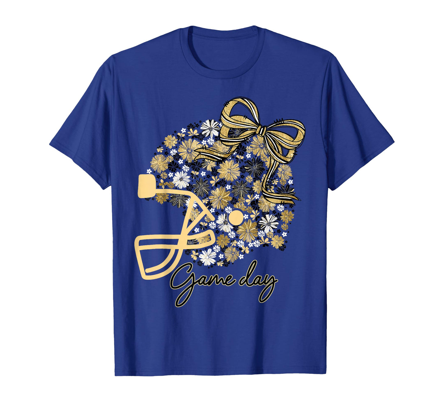 Floral Football Game Day Girly Bow Team Spirit Black & Gold T-Shirt