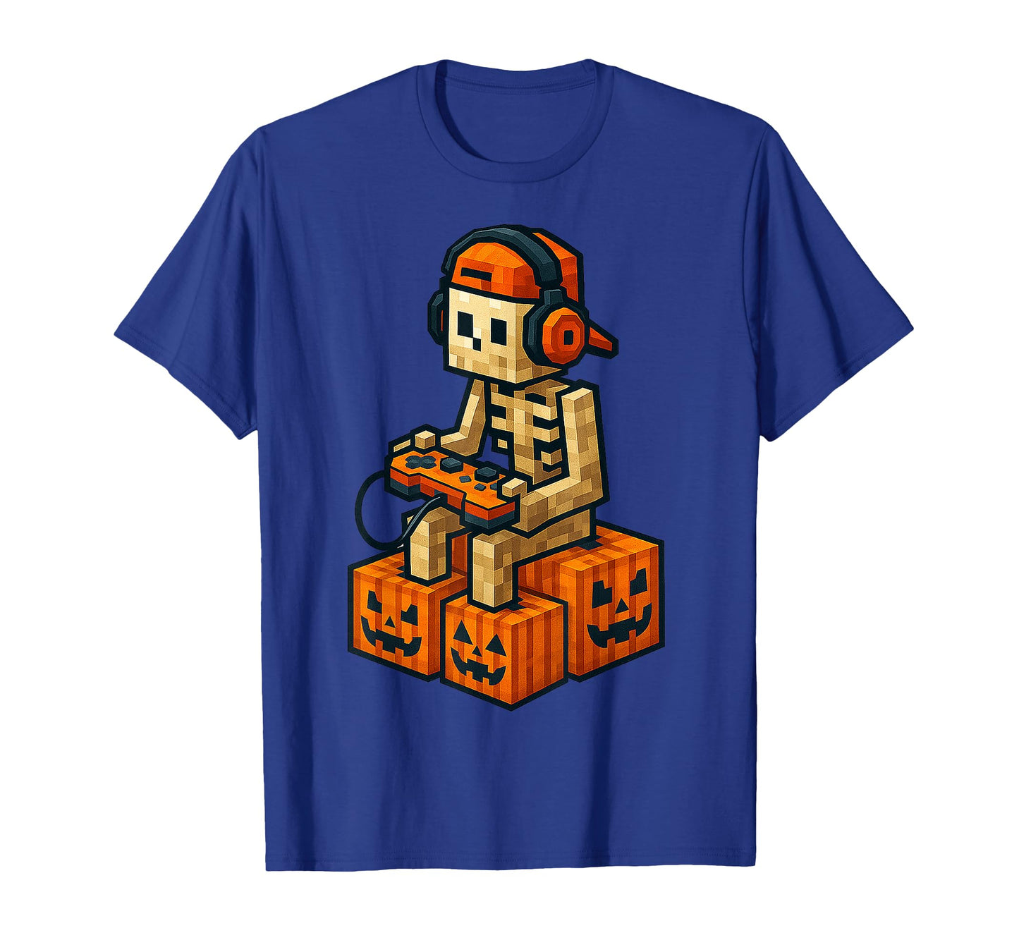 Spooky Skeleton Pumpkin Halloween Video Game Pixel Kids Boy T-Shirt