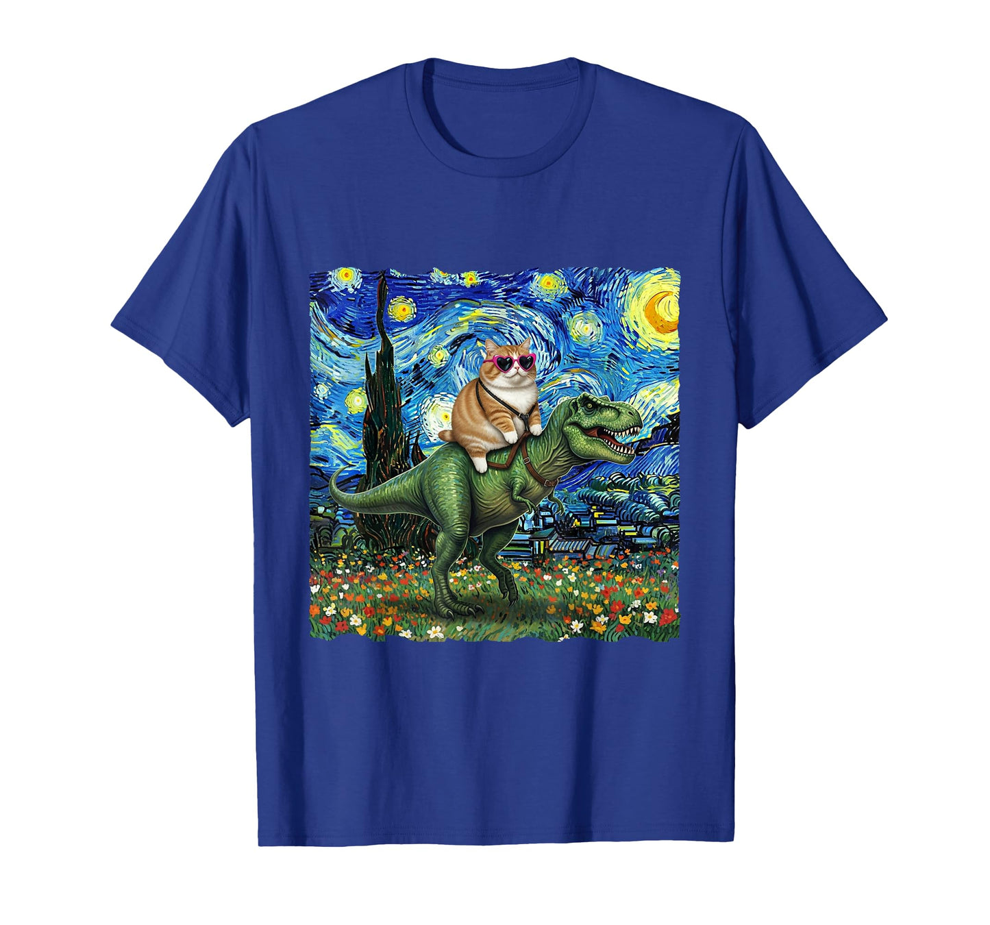 Cat Riding Dinosaur T-Rex Starry Night Van Gogh Cat Lover T-Shirt