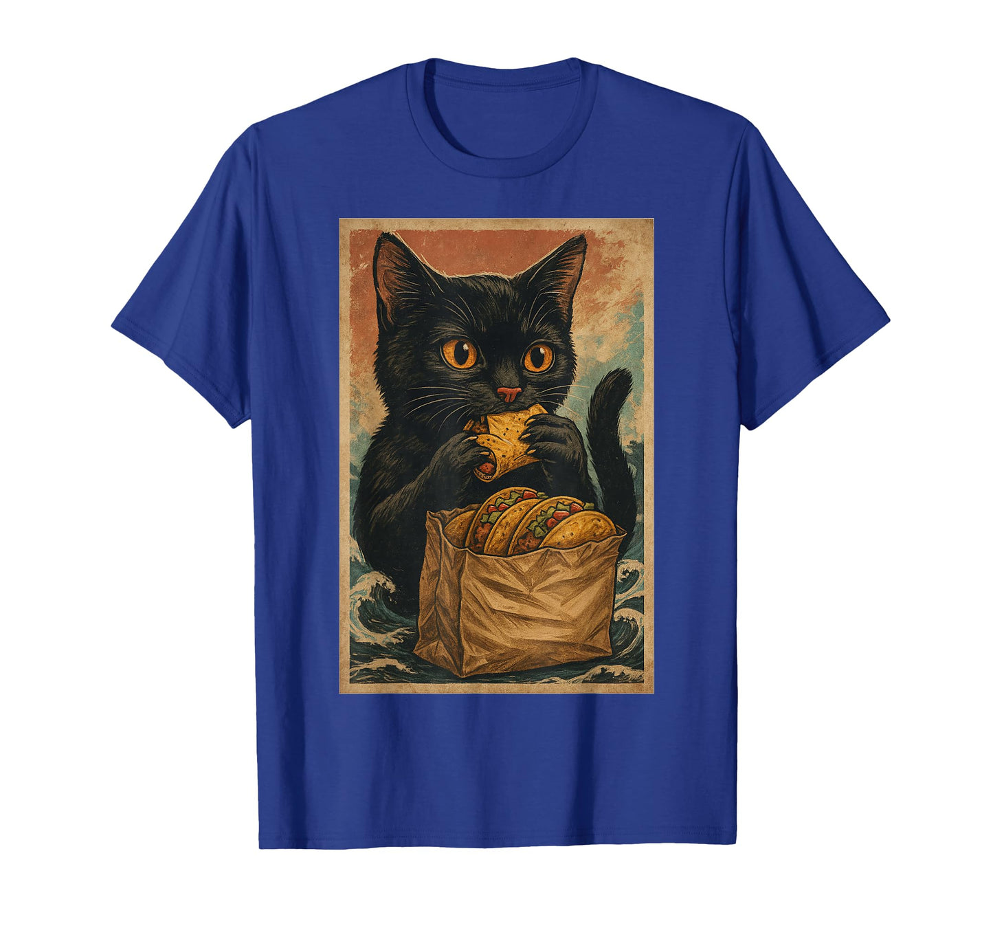 Funny Black Cat Eating Tacos Retro Japanese T-Shirt
