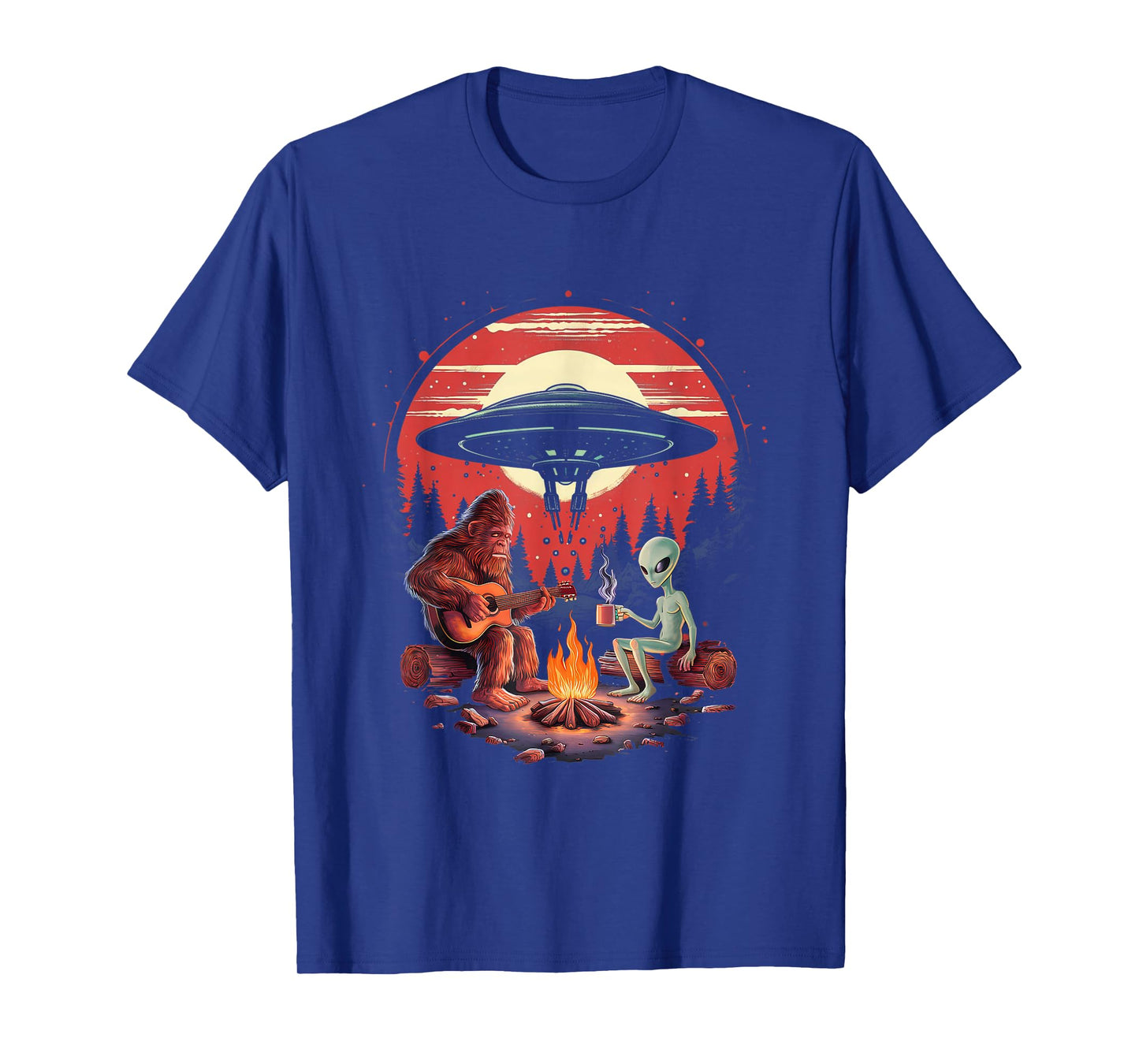 Alien And Bigfoot Campfire Sasquatch UFO For Outdoor Lovers T-Shirt