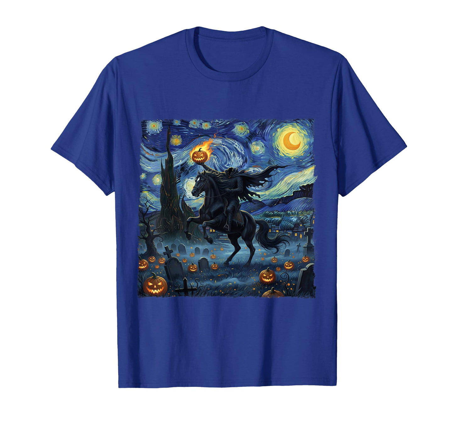 Headless Horseman Halloween Scary Pumpkin Starry Night Art T-Shirt