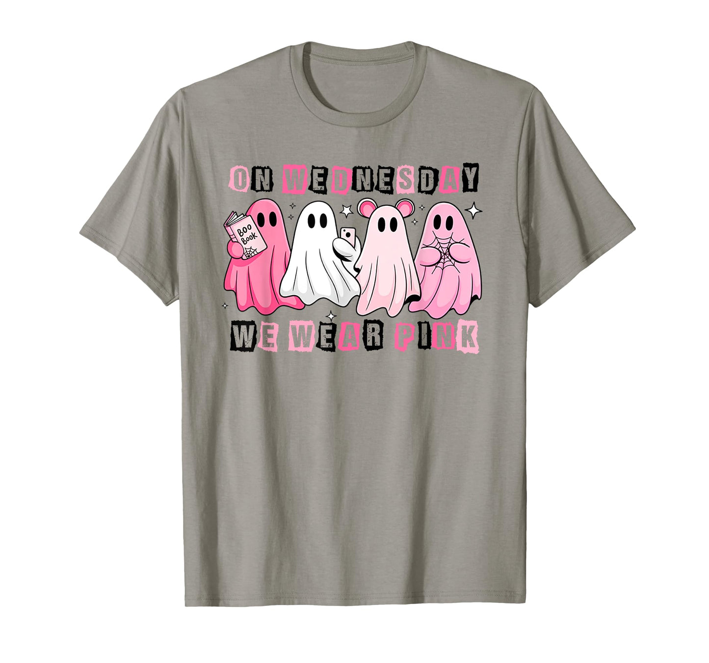 Funny On Wednesday We Wear Cute Pink Ghost Halloween T-Shirt