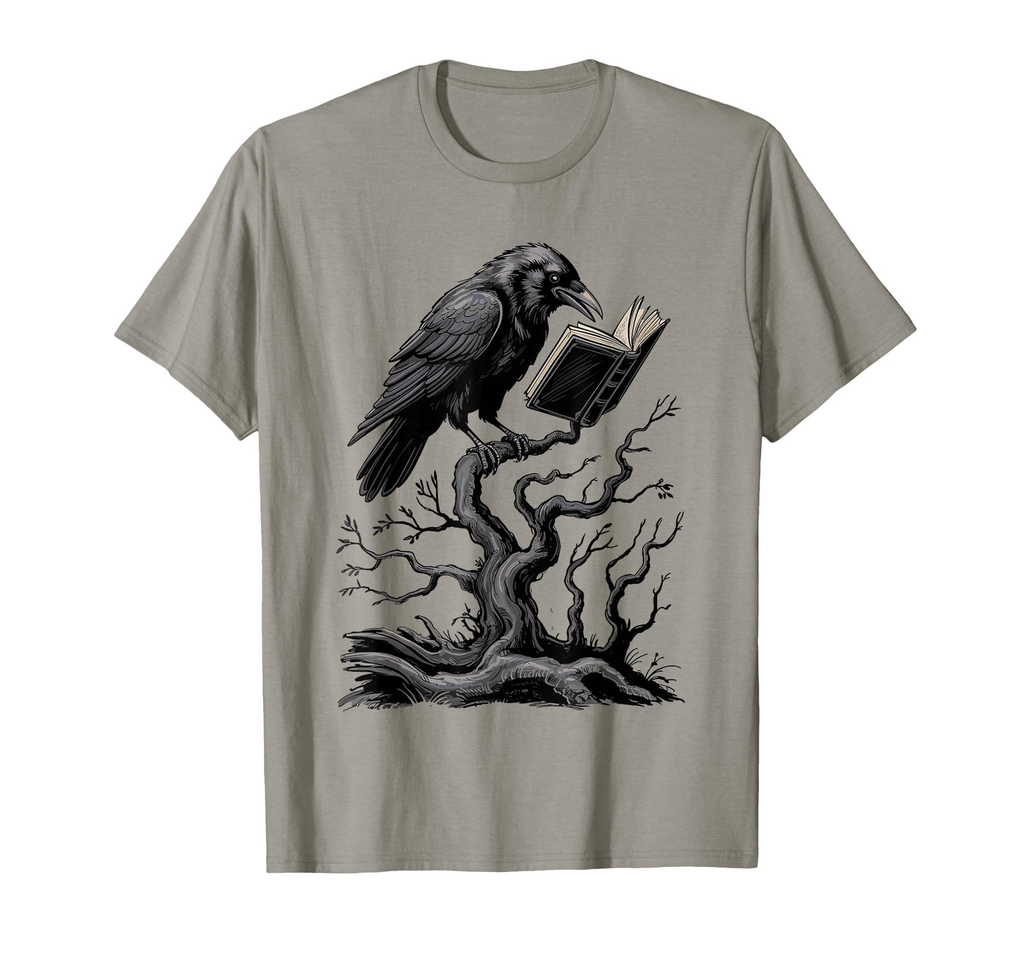 Spooky Raven Reading Book Lover Crow Halloween Tree Goth T-Shirt