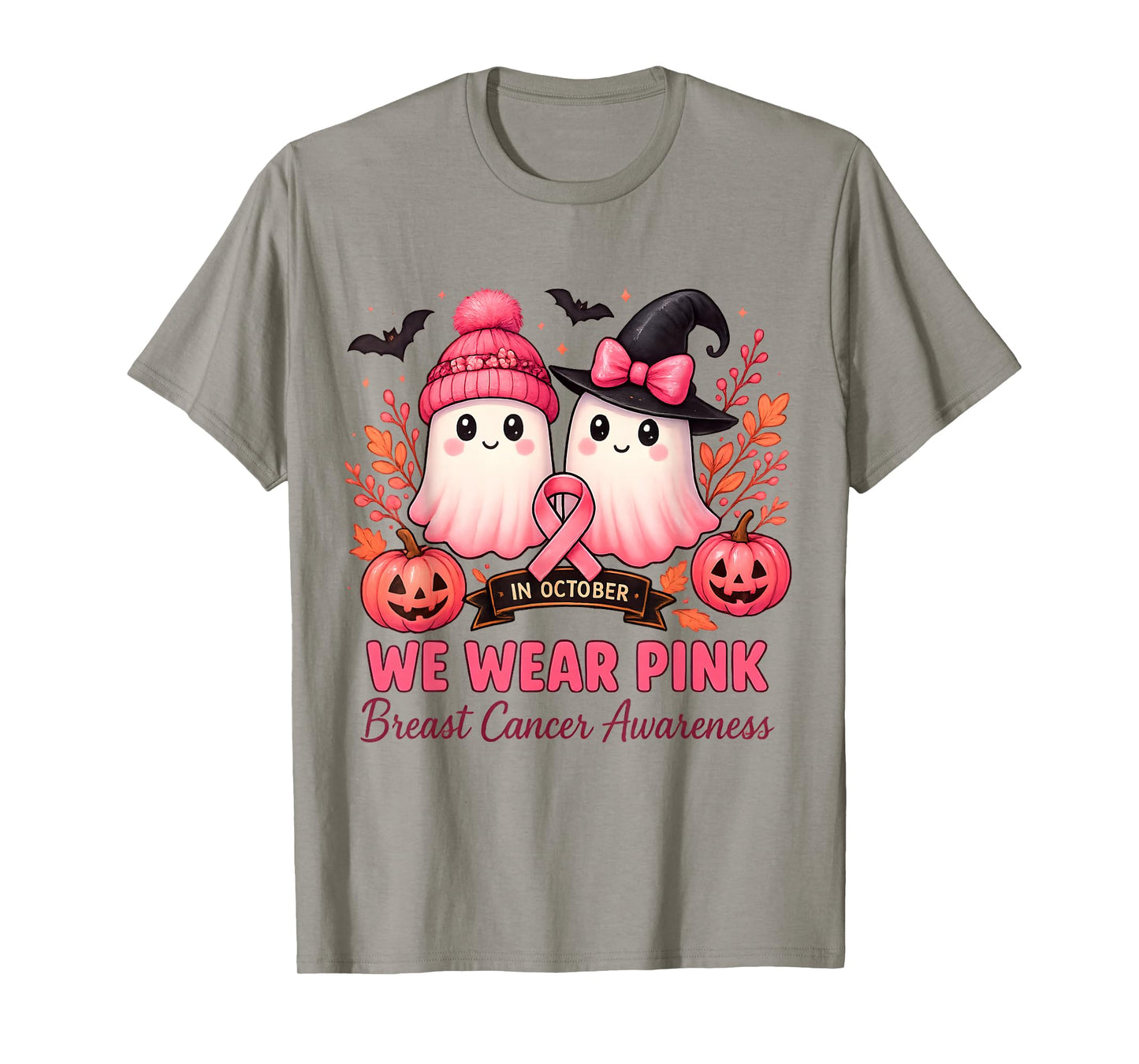 in October We Wear Pink Ghosts Breast Cancer Awareness T-Shirt