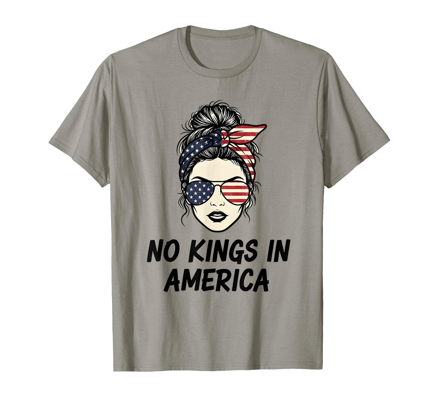 No Kings in America Patriotic Women Messy Bun USA Flag T-Shirt