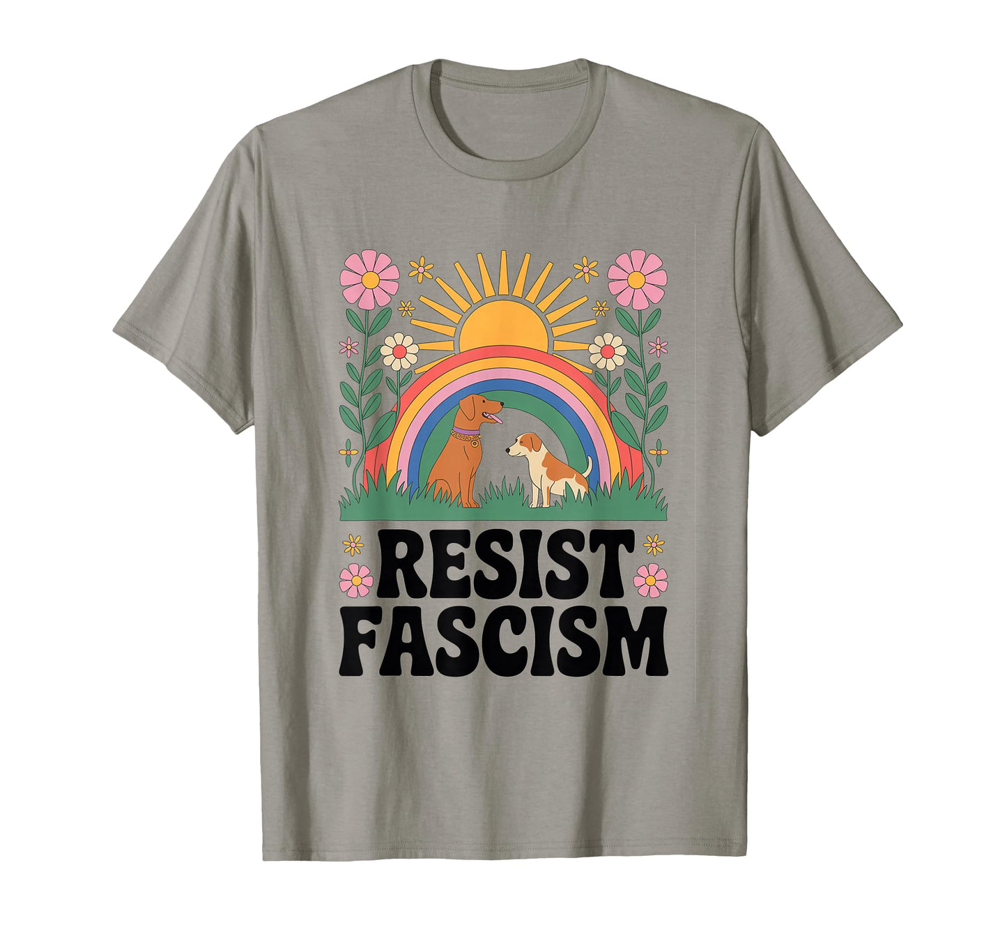 Dogs Resist Fascism Retro Groovy Rainbow No Kings Hippie T-Shirt