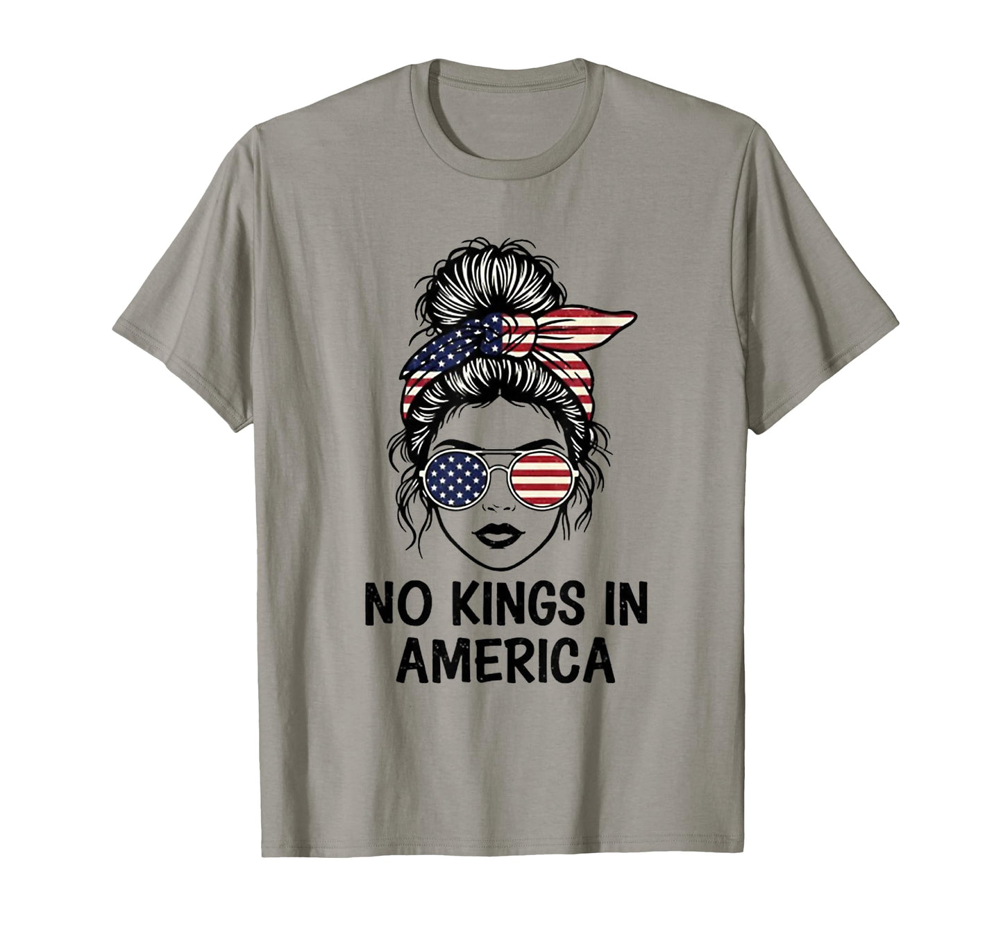 No Kings in America Women Messy Bun USA Flag T-Shirt