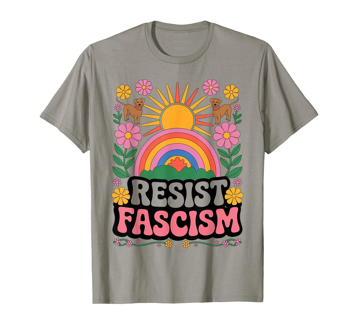 Dogs Resist Fascism Retro Groovy Rainbow No Kings Hippie T-Shirt