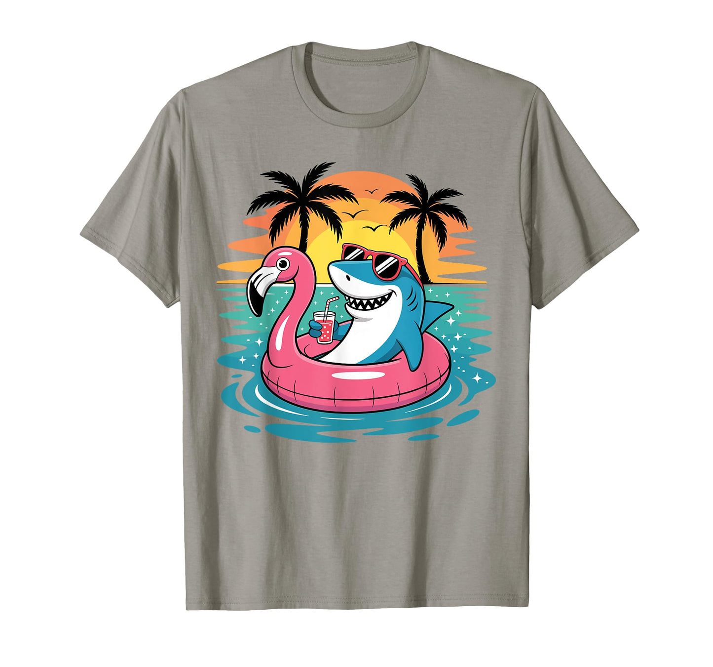 Funny Shark Hawaiian Flamingo Float Beach Summer Vacation T-Shirt