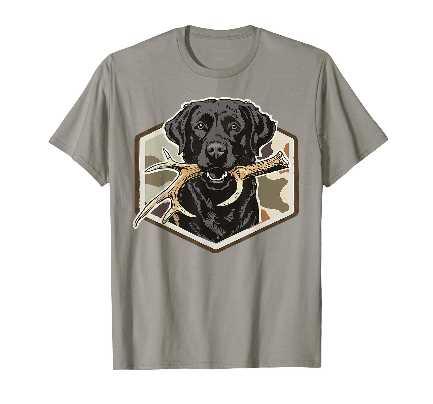 Dog Black Lab with Deer Antler Camouflage Hunting Season T-Shirt