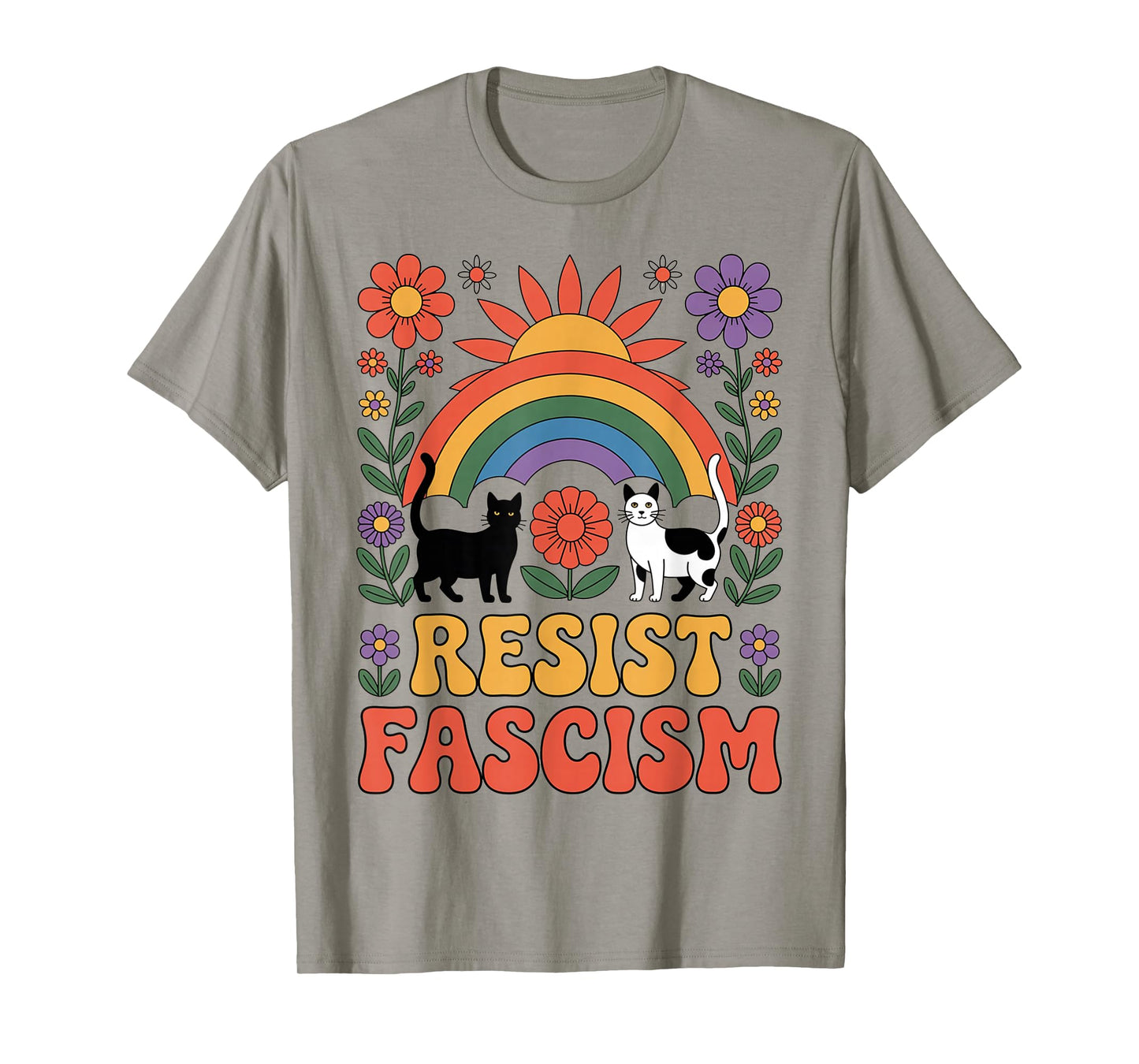 Cats Resist Fascism Retro Groovy Rainbow No Kings Hippie T-Shirt