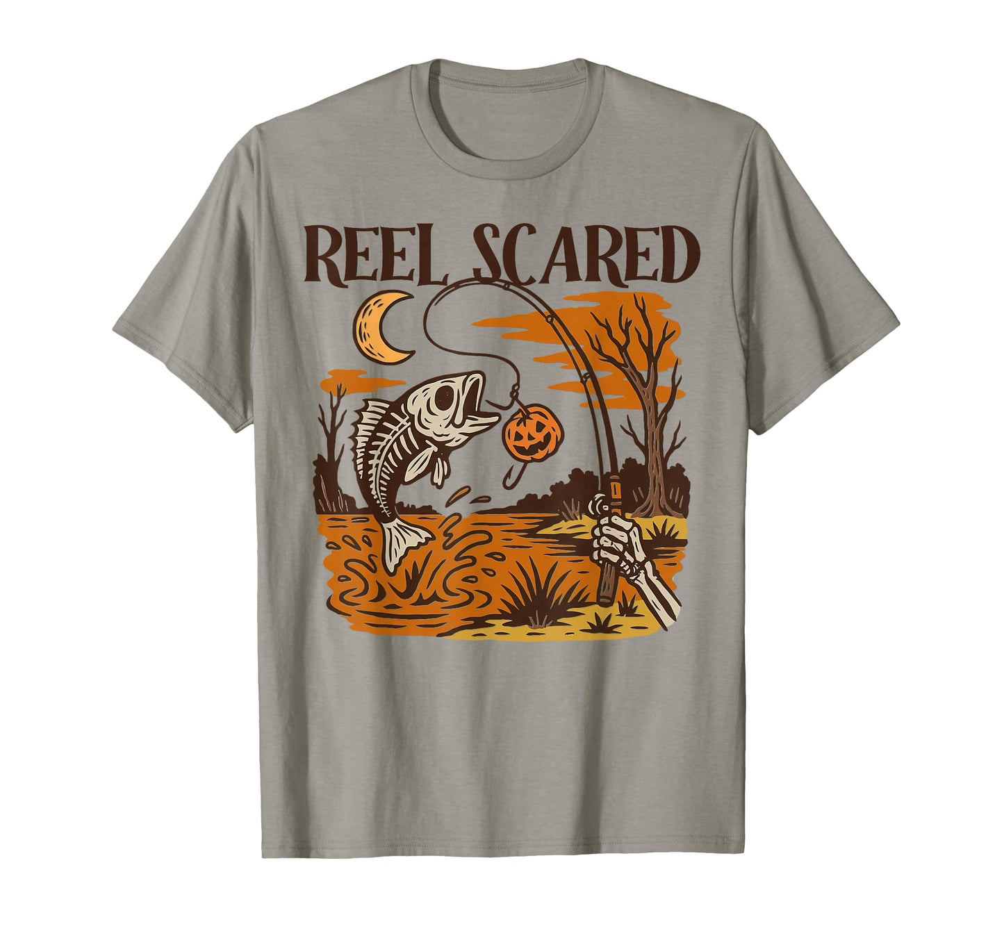 Vintage Reel Halloween Scared Fishing Skeleton Fisherman T-Shirt