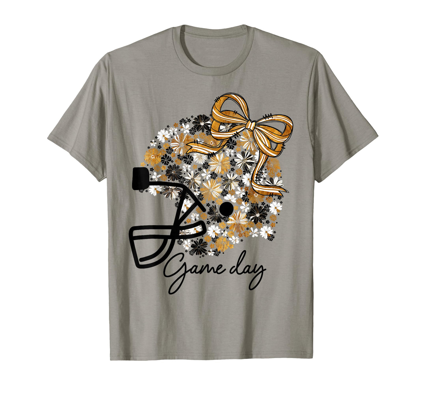 Floral Football Game Day Girly Bow Team Spirit Black & Gold T-Shirt