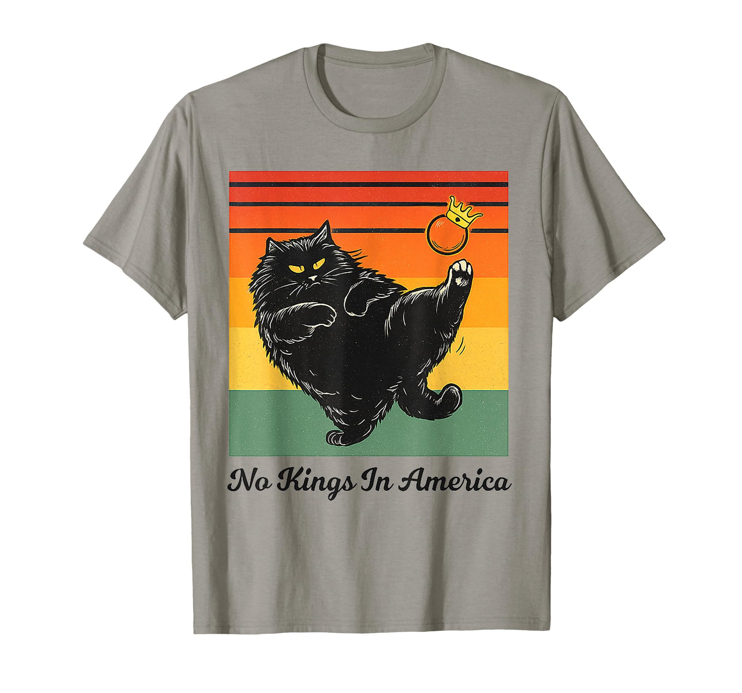 No Kings In America Black Cat Funny Cat Kicking Crown Retro T-Shirt