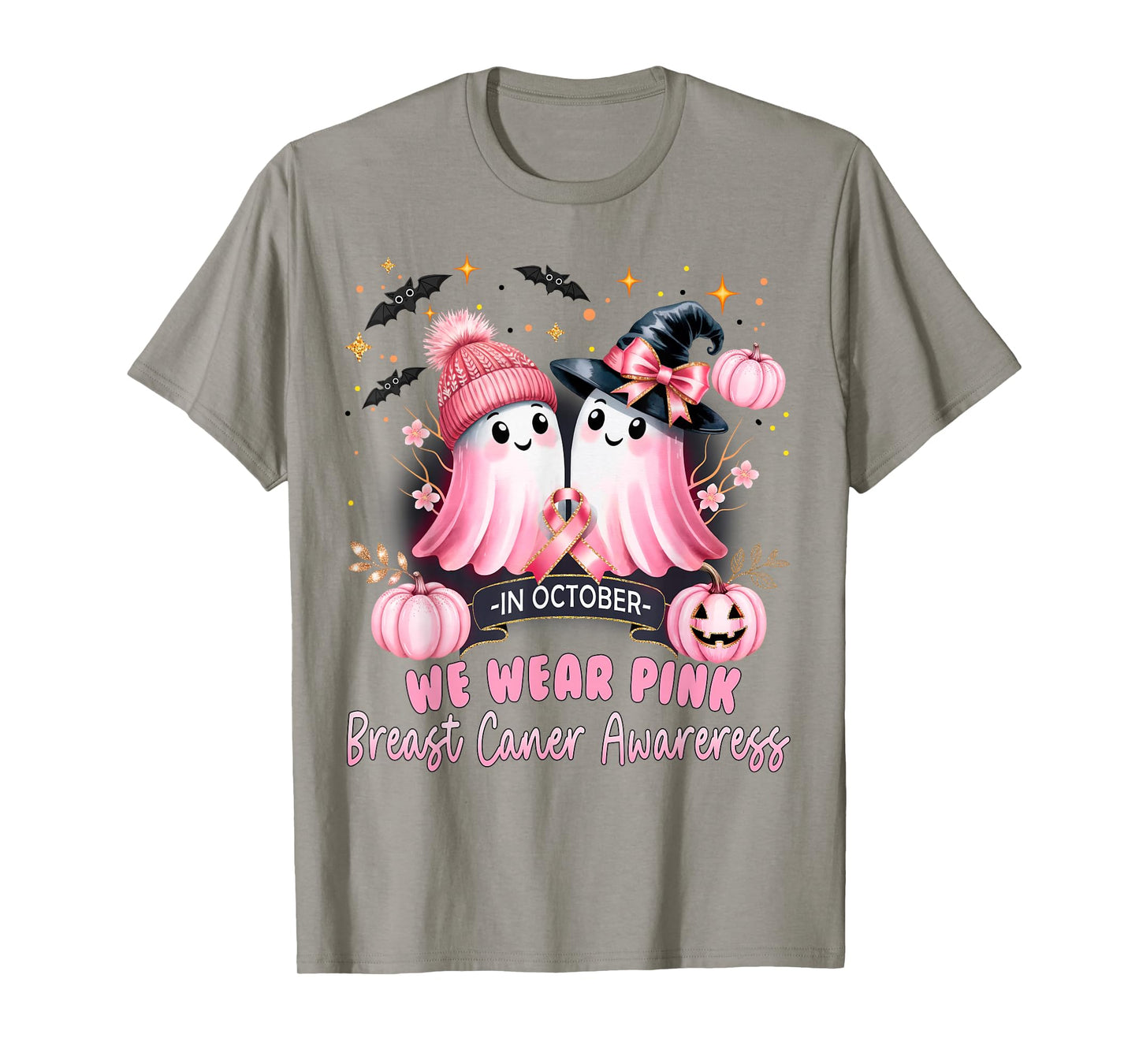 in October We Wear Pink Ghost Witch Breast Cancer Awareness T-Shirt
