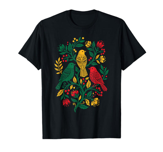 Rasta Reggae Roots Three Birds Jamaica Folk Art Floral T-Shirt - T-Shirt | Black
