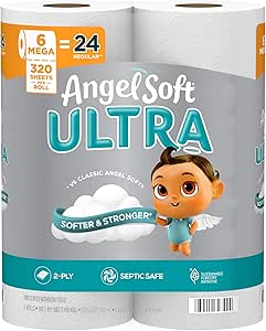 Angel Soft Ultra Toilet Paper, 6 Mega Rolls = 24 Regular Rolls, 2 Ply Toilet Tissue