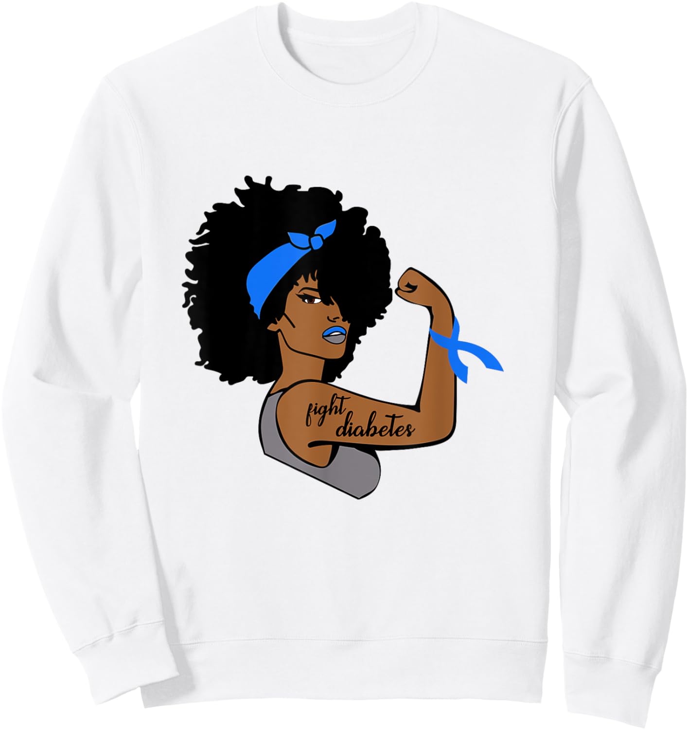 Fight Diabetes African American Woman Blue Ribbon Awareness Sweatshirt - Sweatshirt | White