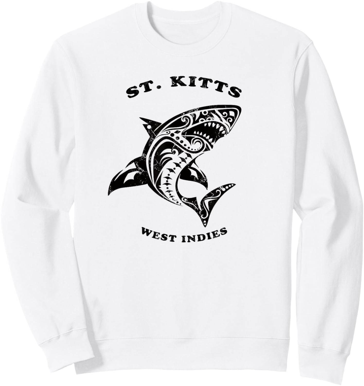 St. Kitts, West Indies Vintage Retro Tribal Shark Vacation Sweatshirt - Sweatshirt | White