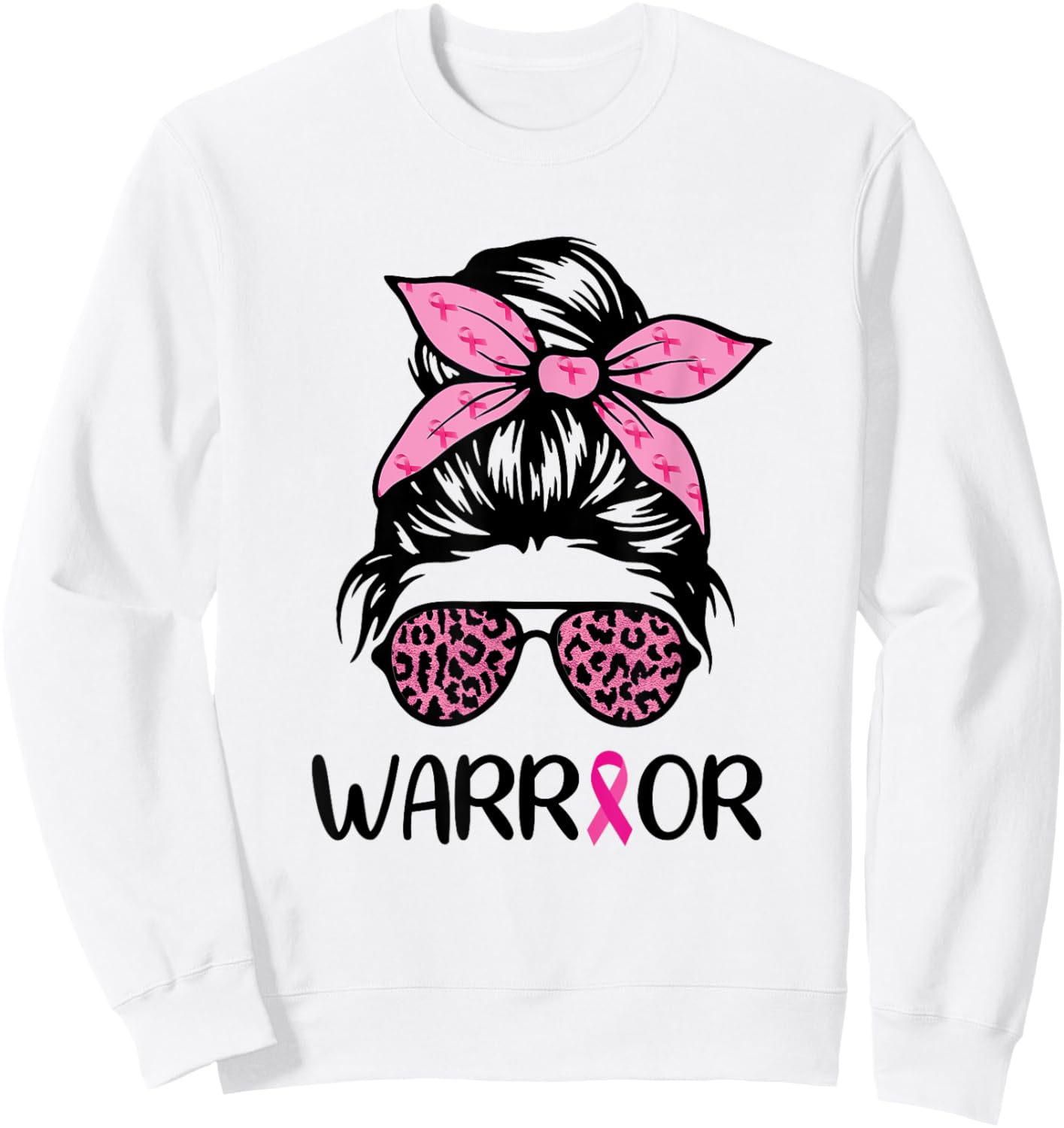 Warrior Breast Cancer Awareness Messy Bun Leopard Pink Sweatshirt - Sweatshirt | White