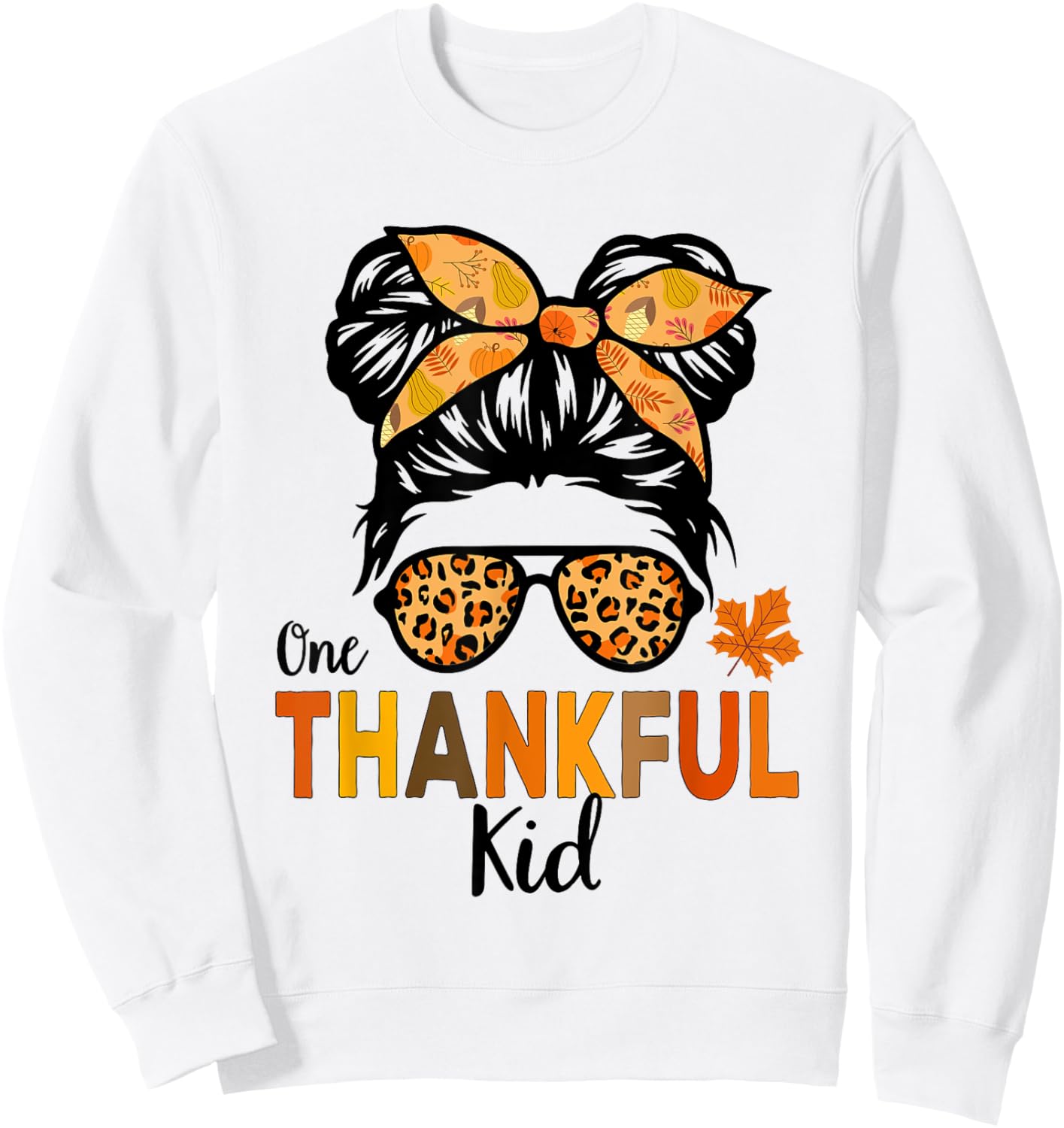 Thanksgiving Shirts for Girls One Thankful Kid Messy Bun Sweatshirt - Sweatshirt | White