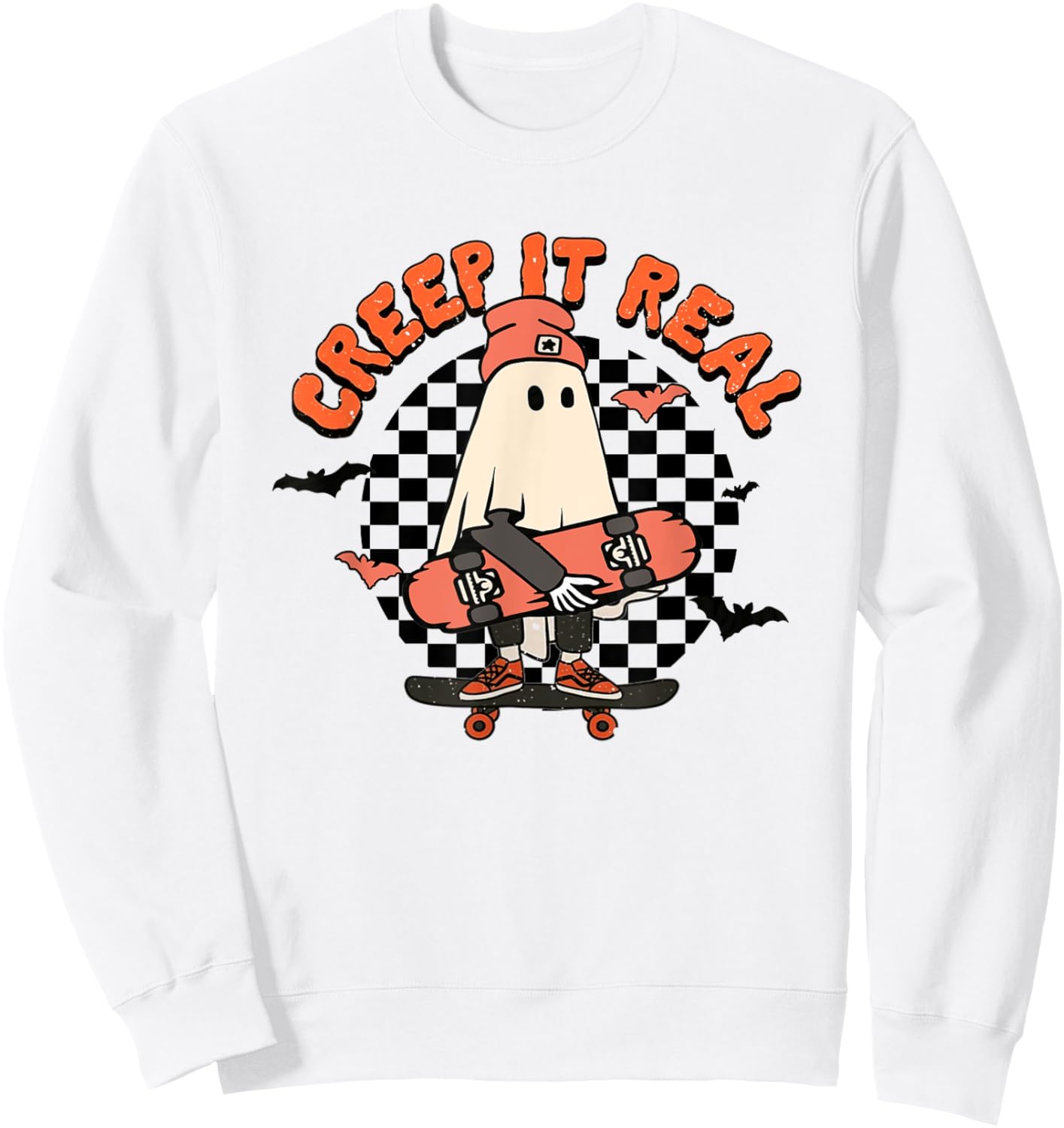 Creep It Real Retro Vintage Ghost Skateboard Halloween Fall Sweatshirt - Sweatshirt | White
