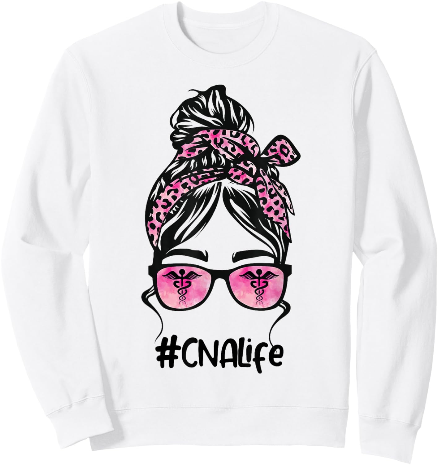 CNA Nurse Life Bleached Pink Leopard Messy Bun Sweatshirt - Sweatshirt | White