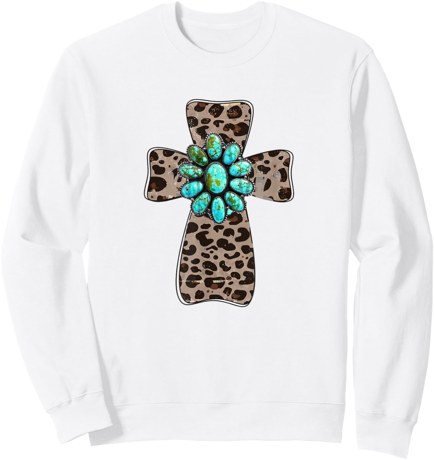 Leopard Cross With Turquoise Southern Western Christian Sweatshirt - Sweatshirt | White