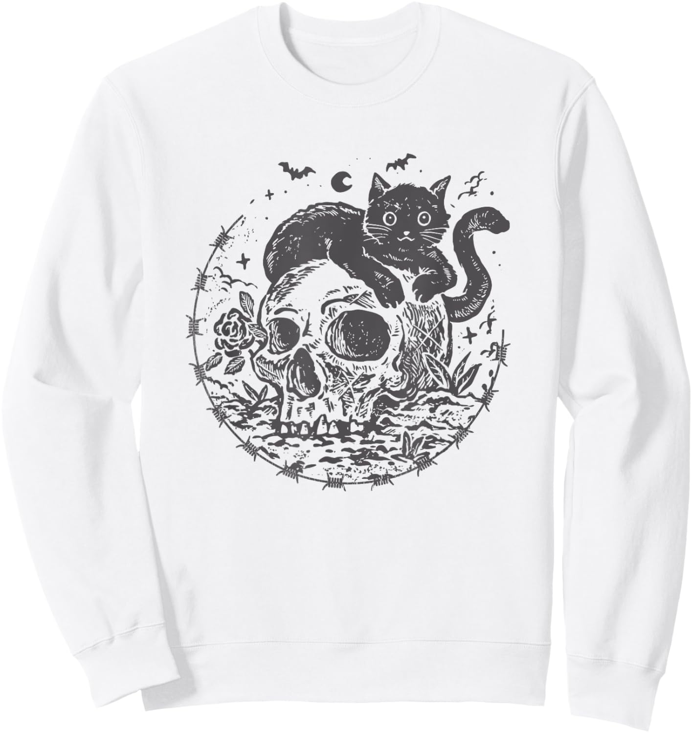 Mysterious Black Cat On A Skull Witchy Aesthetic Grunge Sweatshirt - Sweatshirt | White