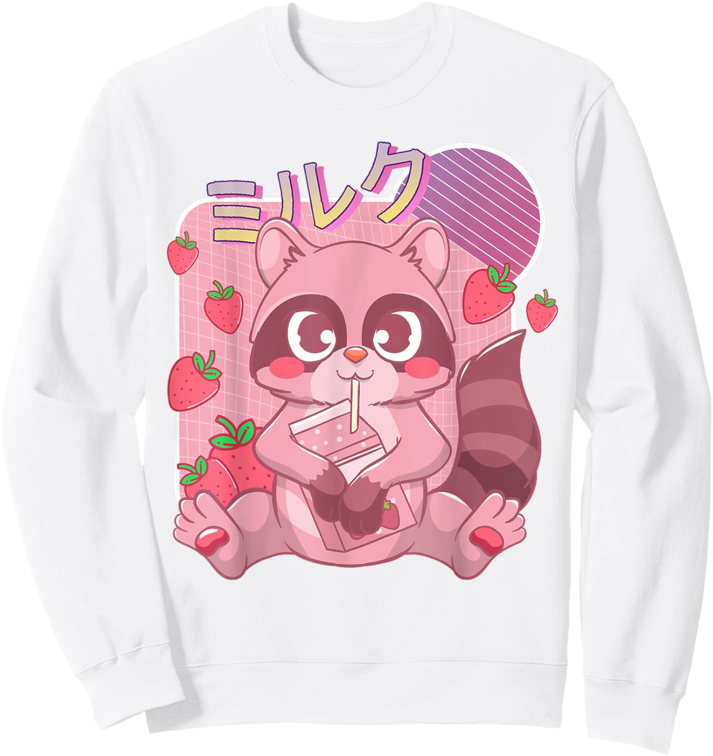 Funny Kawaii Raccoon Strawberry Milk Shake Japanese Anime Sweatshirt - Sweatshirt | White