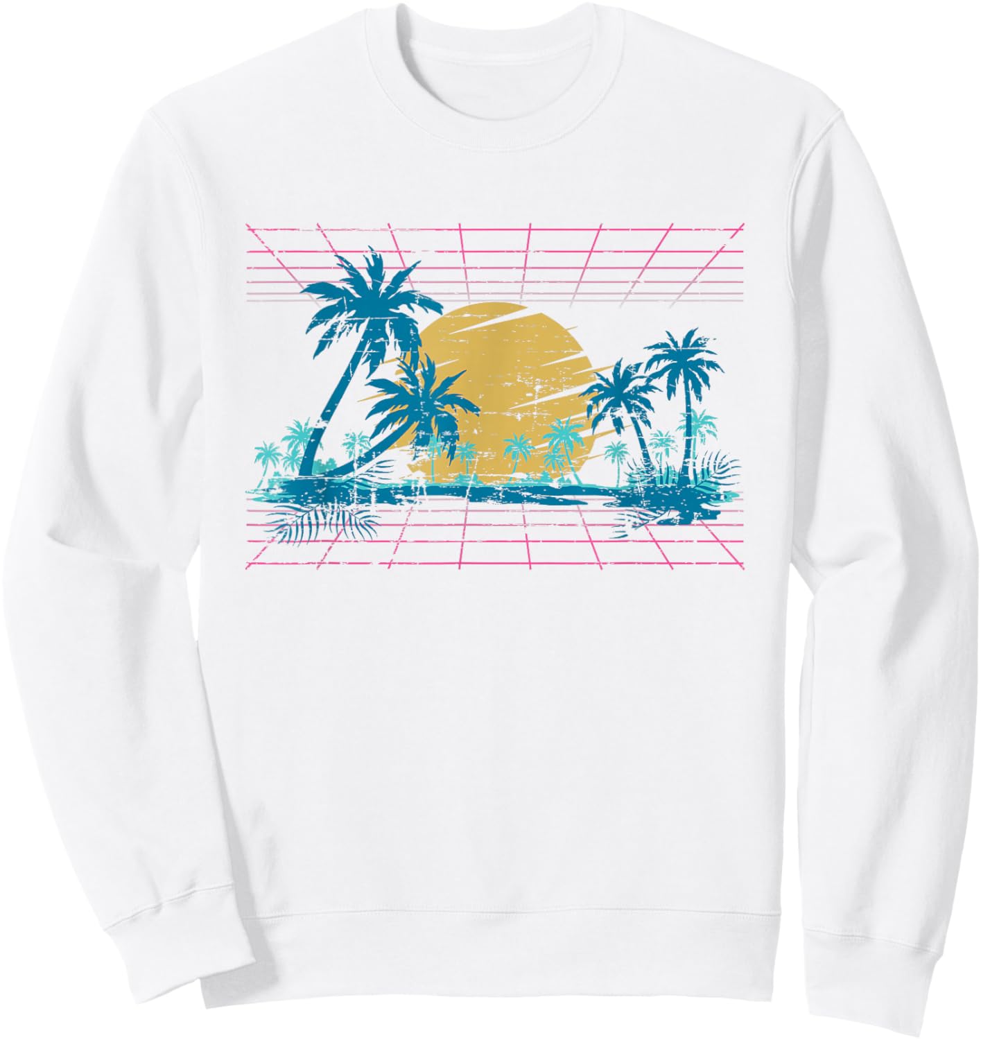 Sunset Palm Trees Beach 80s Art Vaporwave Tropical Summer Sweatshirt - Sweatshirt | White