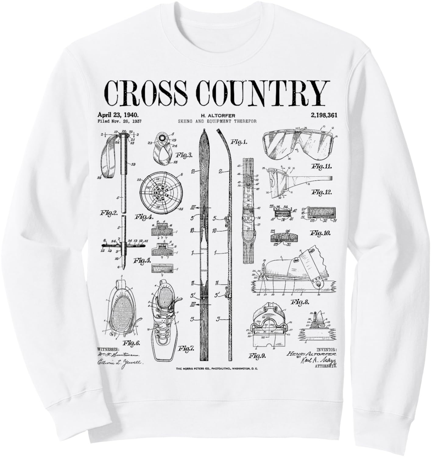 Cross Country Nordic Skiing Ski Vintage Patent Skier Print Sweatshirt - Sweatshirt | White