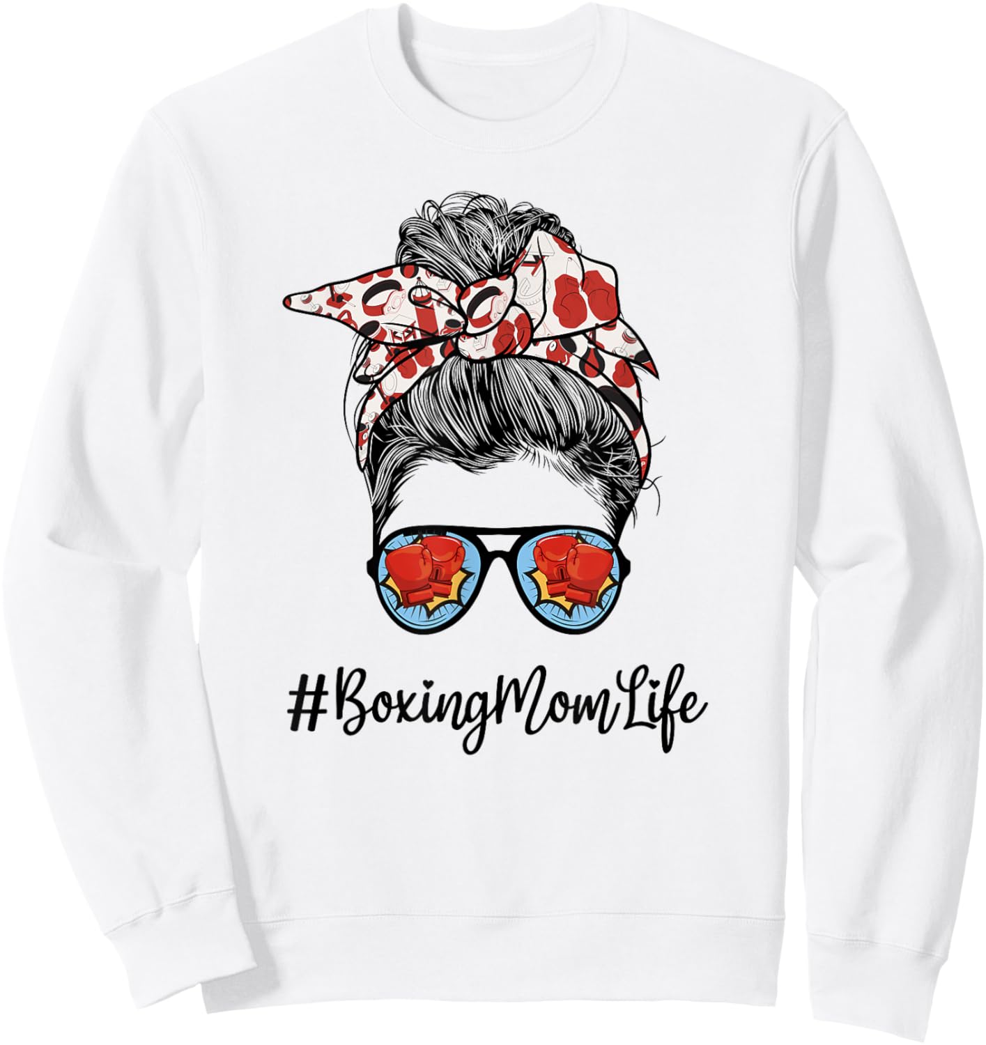 Funny Life Boxing Mom Leopard Messy bun Glasses Sweatshirt - Sweatshirt | White