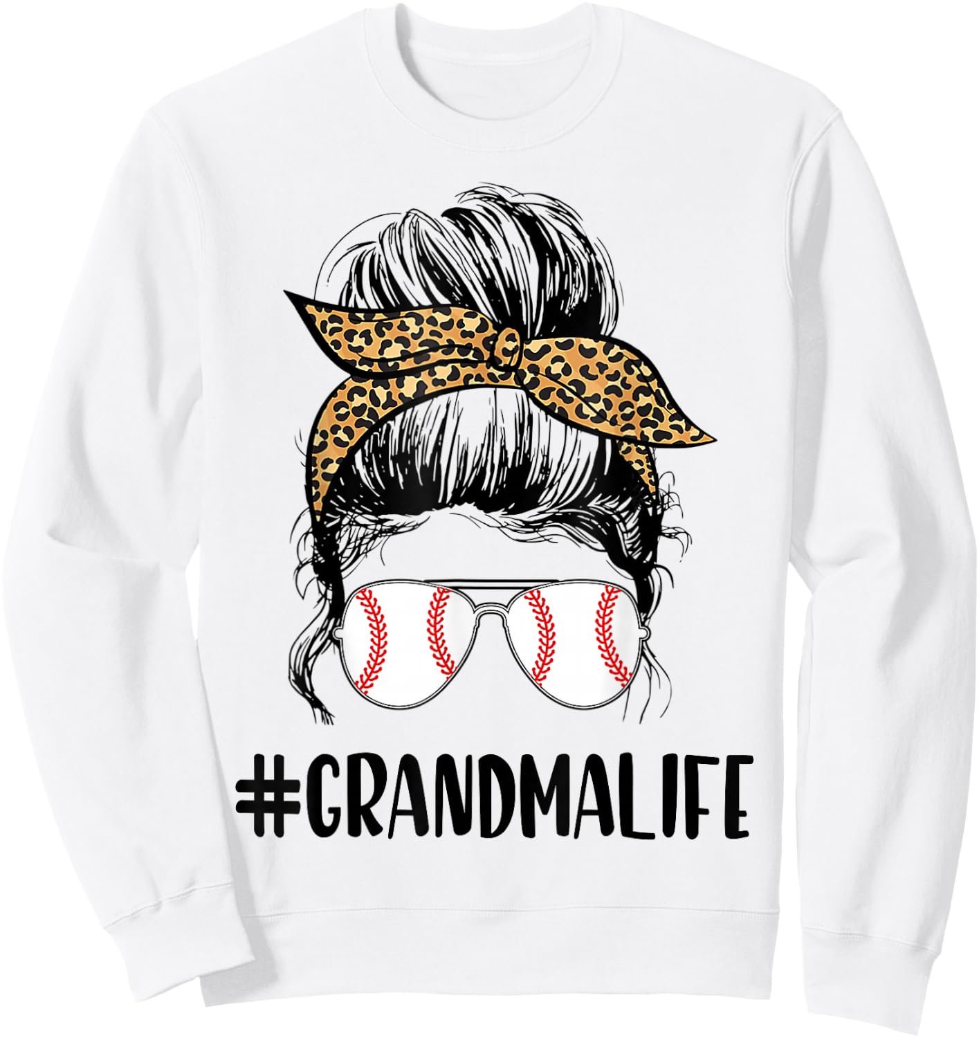 T-ball Grandma Life Messy Bun Leopard Print Softball Sweatshirt - Sweatshirt | White