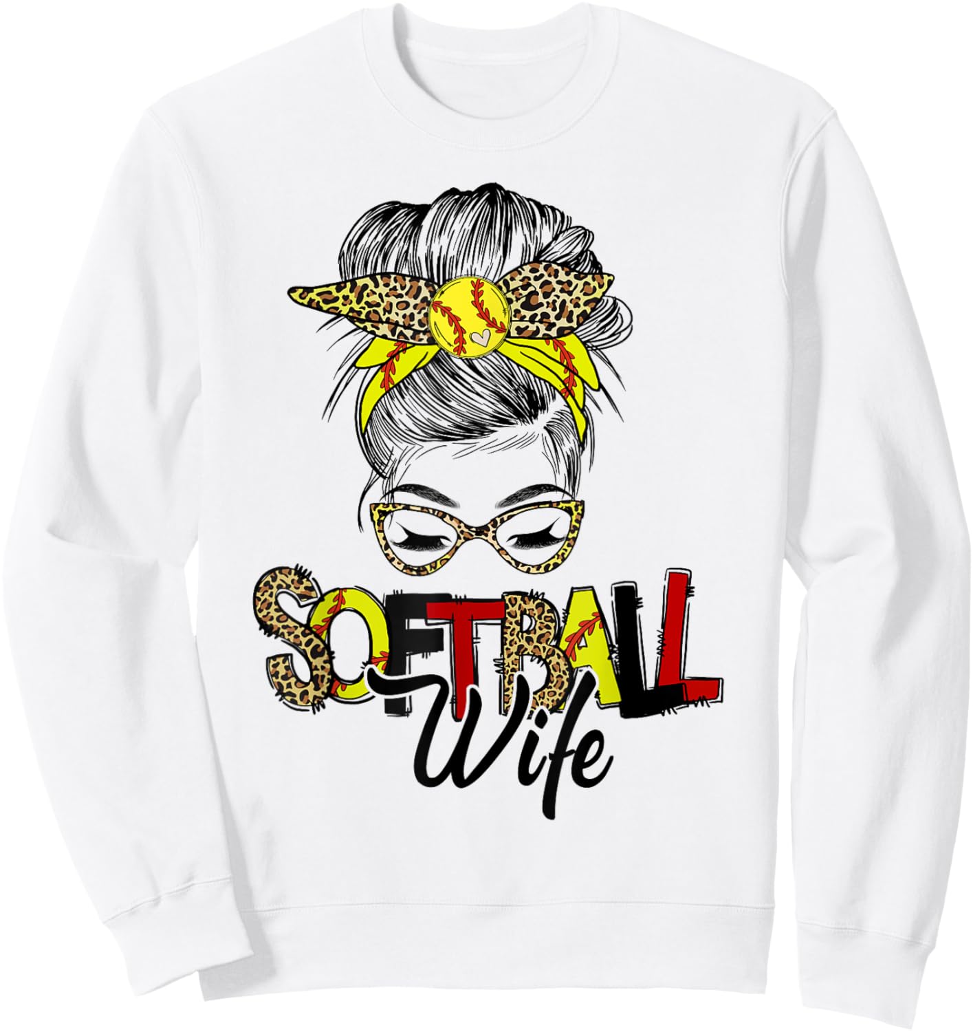 Softball Wife Life With Leopard Messy Bun Mother's Day Sweatshirt - Sweatshirt | White