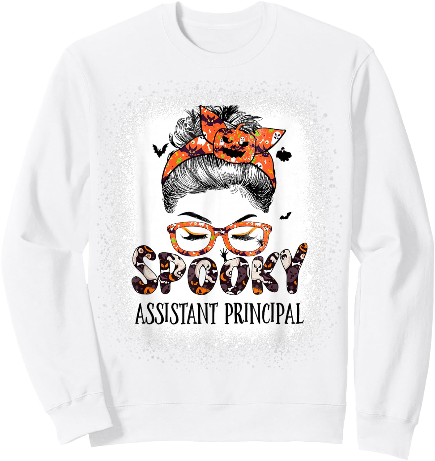 Messy Bun Spooky Assistant Principal Bleached Halloween Bat Sweatshirt - Sweatshirt | White