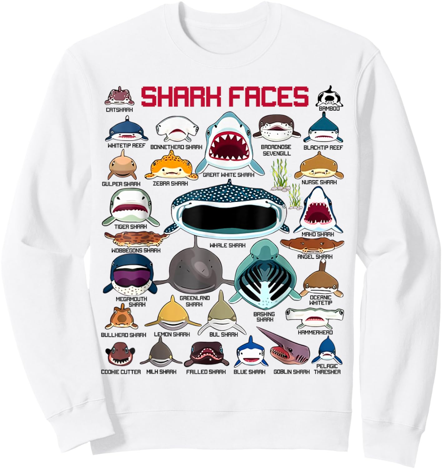 Funny Shark Faces Types Of Sharks Shark Lover Marine Biology Sweatshirt - Sweatshirt | White