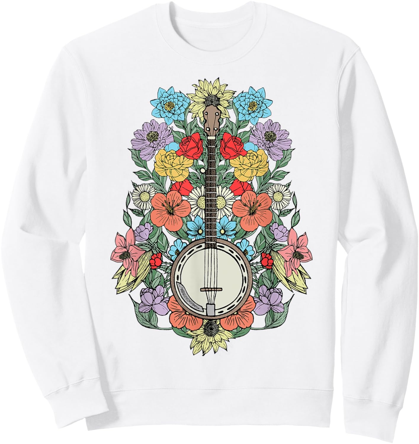 Banjo Flowers Vintage Stringed Bluegrass Folk Floral Design Sweatshirt - Sweatshirt | White