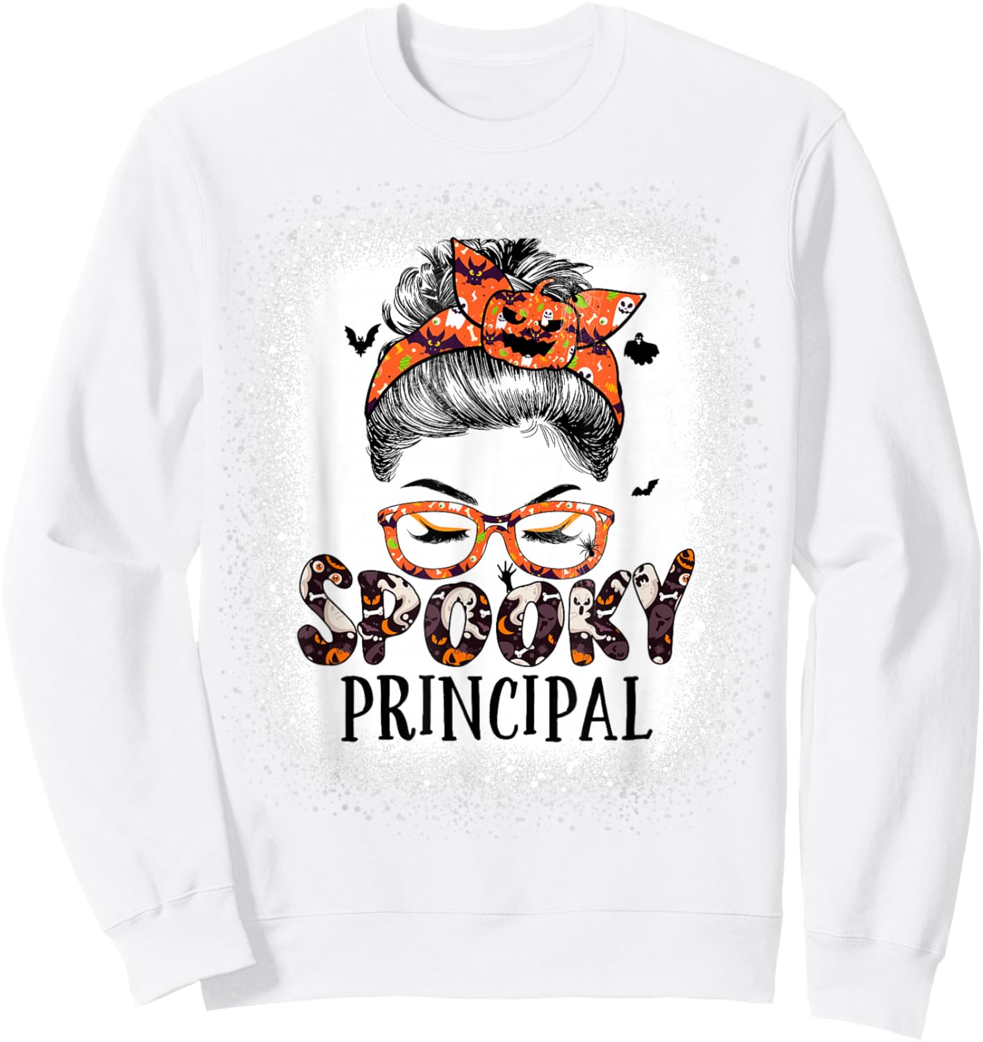 Messy Bun Spooky Principal Bleached Halloween Pumpkin Sweatshirt - Sweatshirt | White