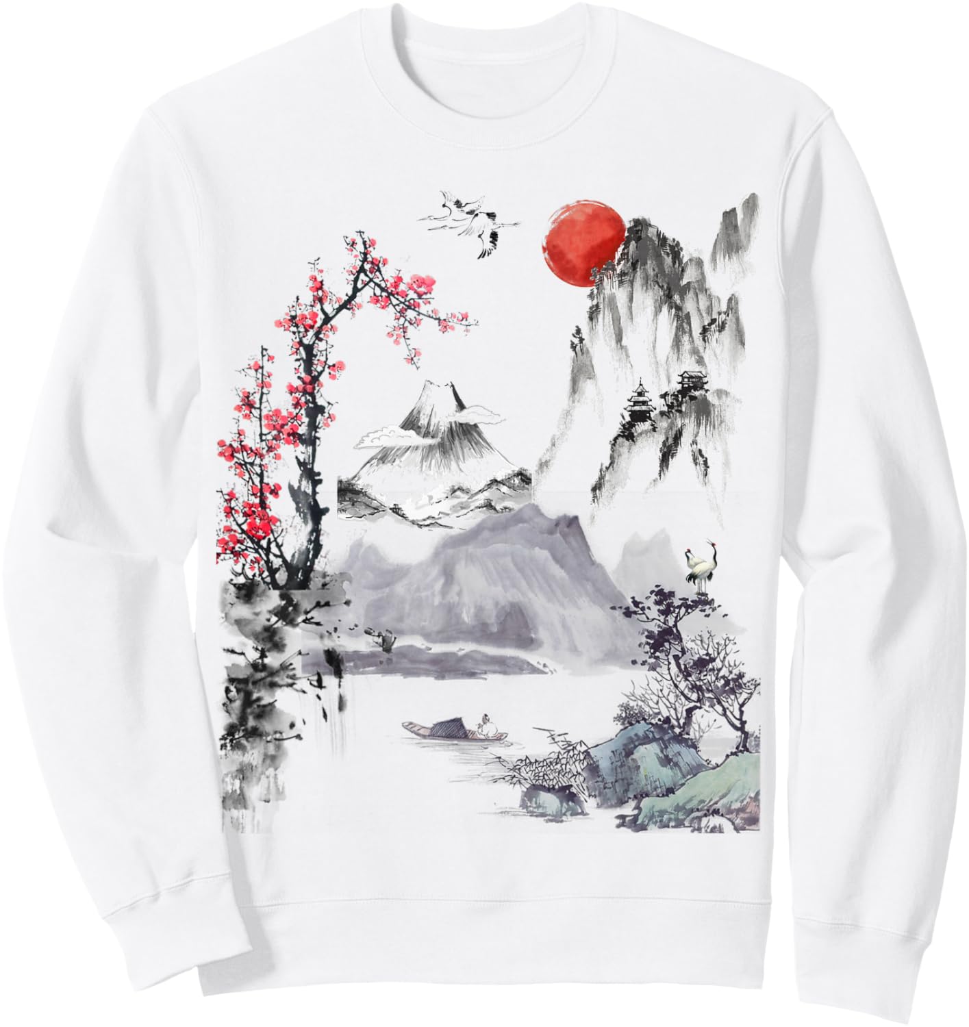 Japanese Art Tree Red Moon With Birds Flying in Background Sweatshirt - Sweatshirt | White