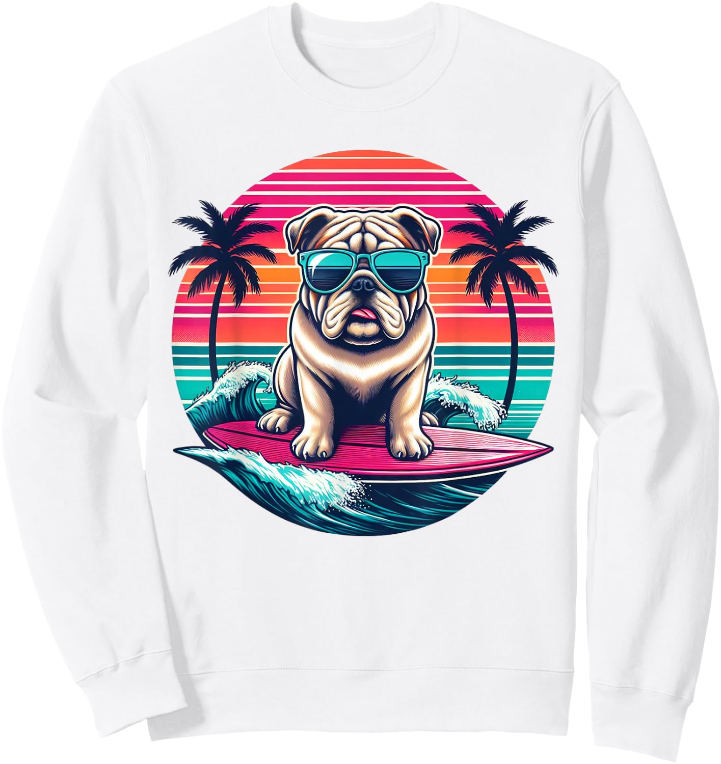 Surfing English Bulldog Retro Sunset Men Women Kids Sweatshirt - Sweatshirt | White
