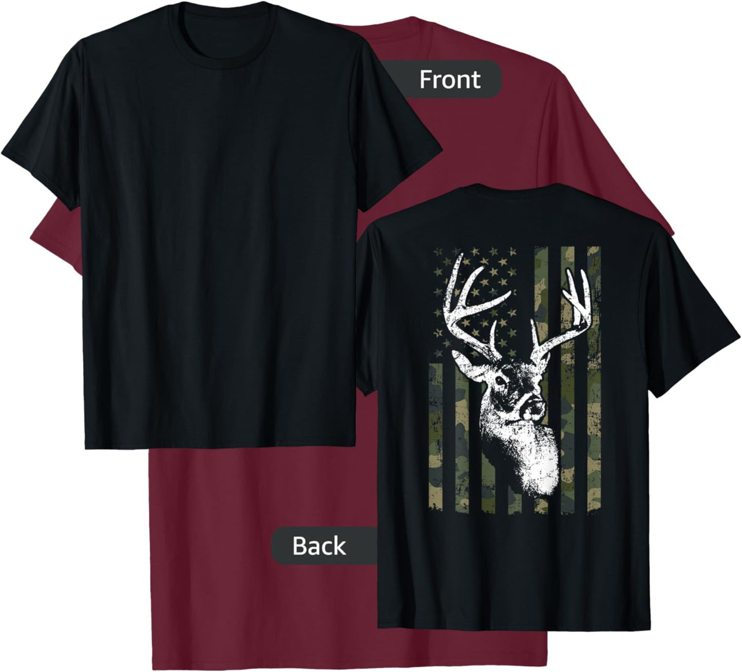 Whitetail Buck Deer Hunting USA Camouflage Flag - ON BACK T-Shirt - T-Shirt | Maroon
