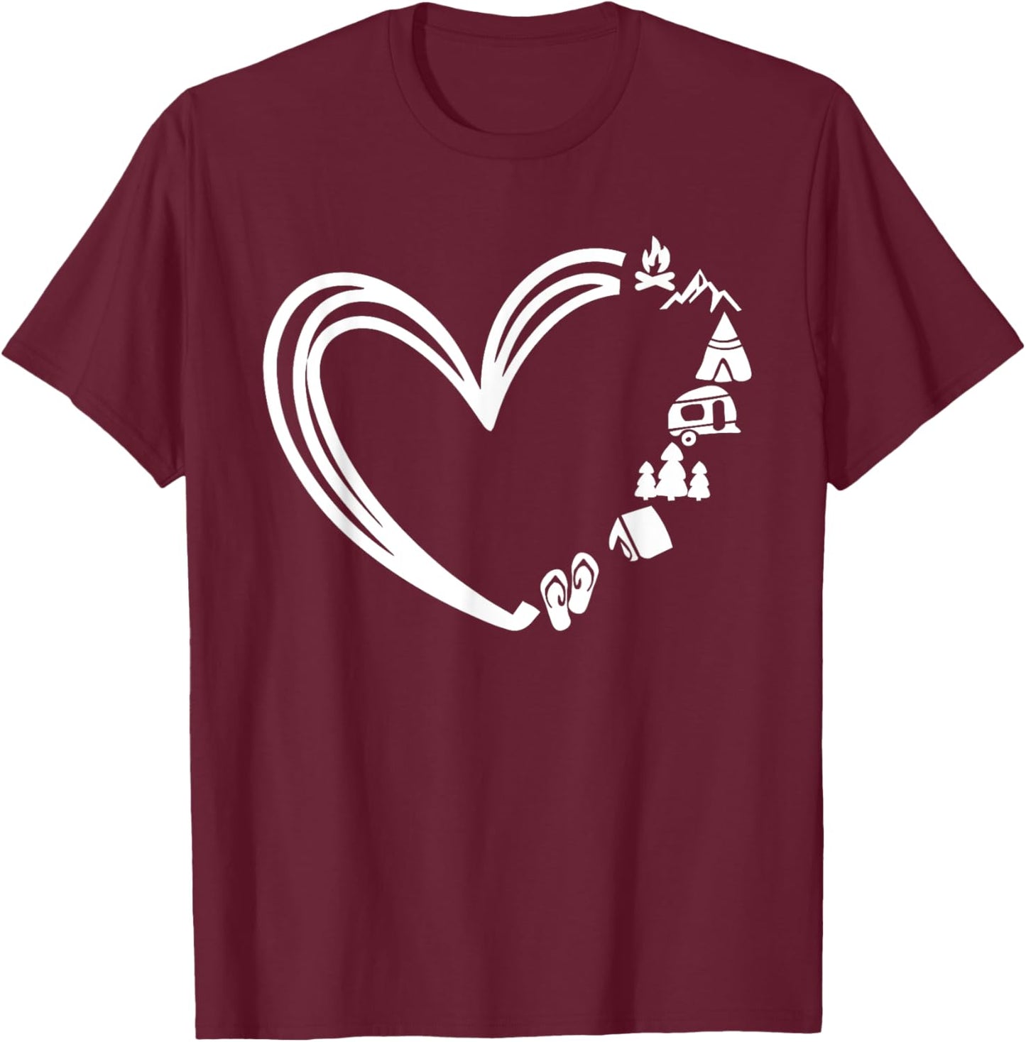 Cute Hiking Adventure Lover Gifts -Adults, Kids Black Heart Collarless Modern Lace Small Camping T-Shirt - T-Shirt | Maroon