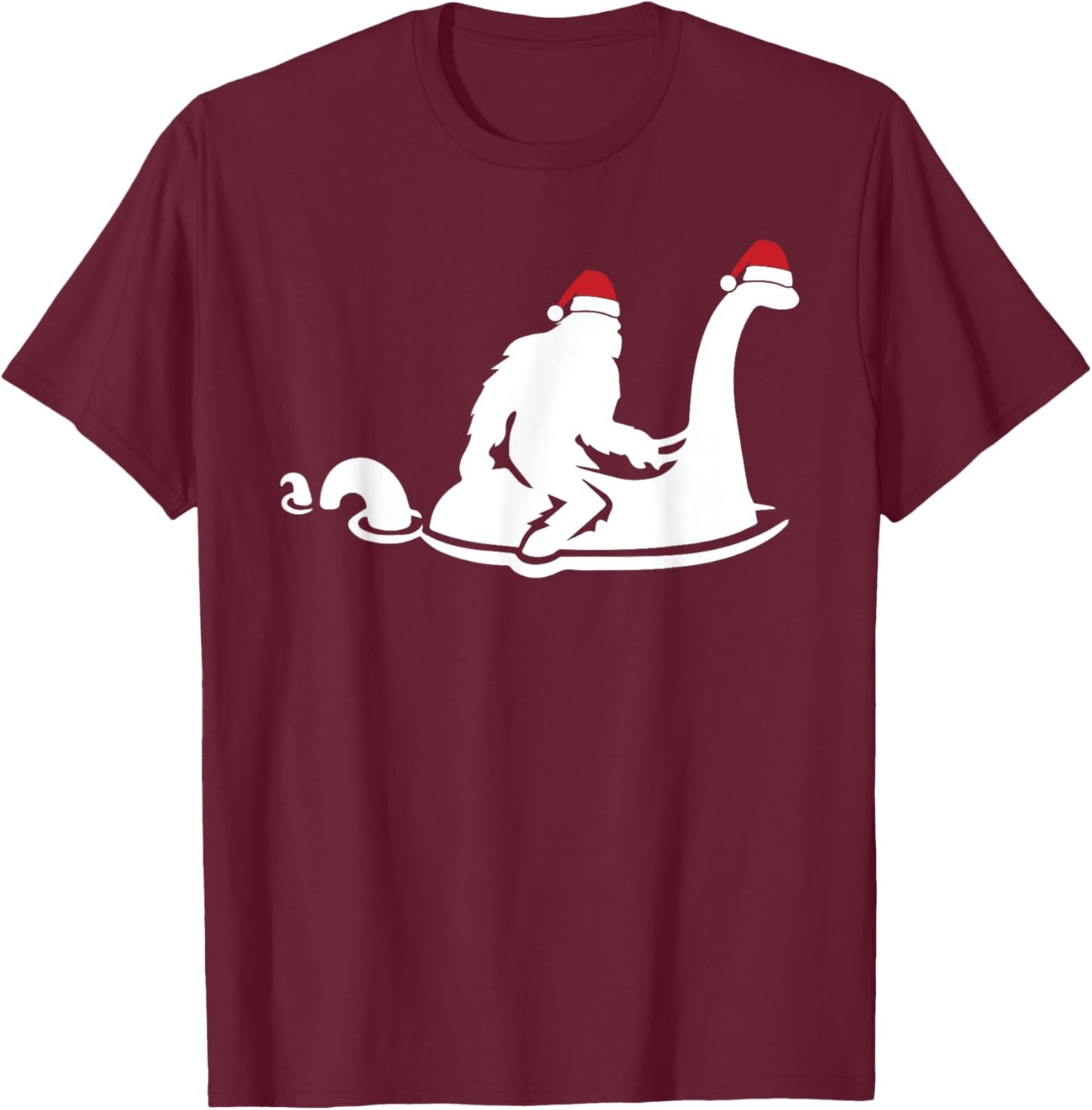 Bigfoot Riding Loch Ness Monster Christmas Funny XMas Pajama T-Shirt - T-Shirt | Maroon
