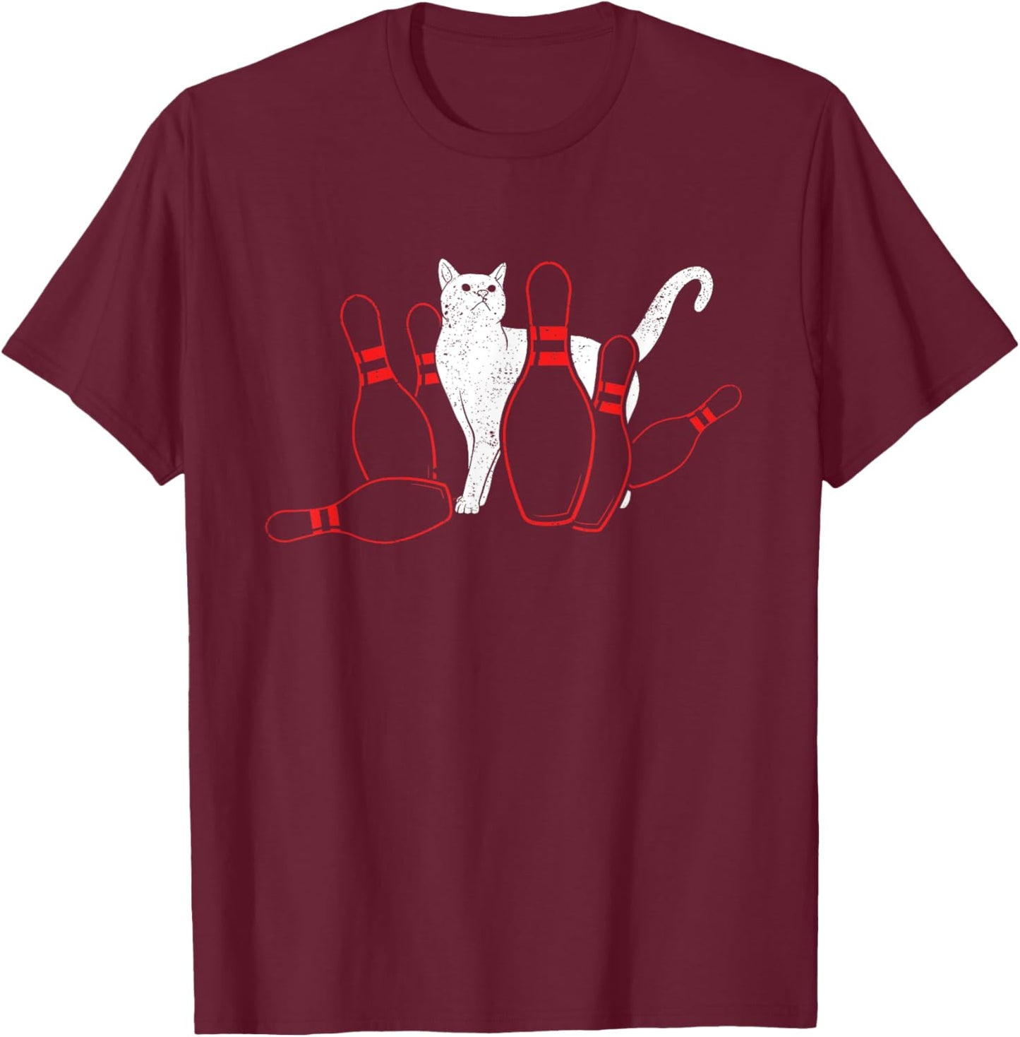 Cute Alley Cat Knocking Bowler Tipping Bowling Pin Kitty Men Women Girls Kids T-Shirt - T-Shirt | Maroon