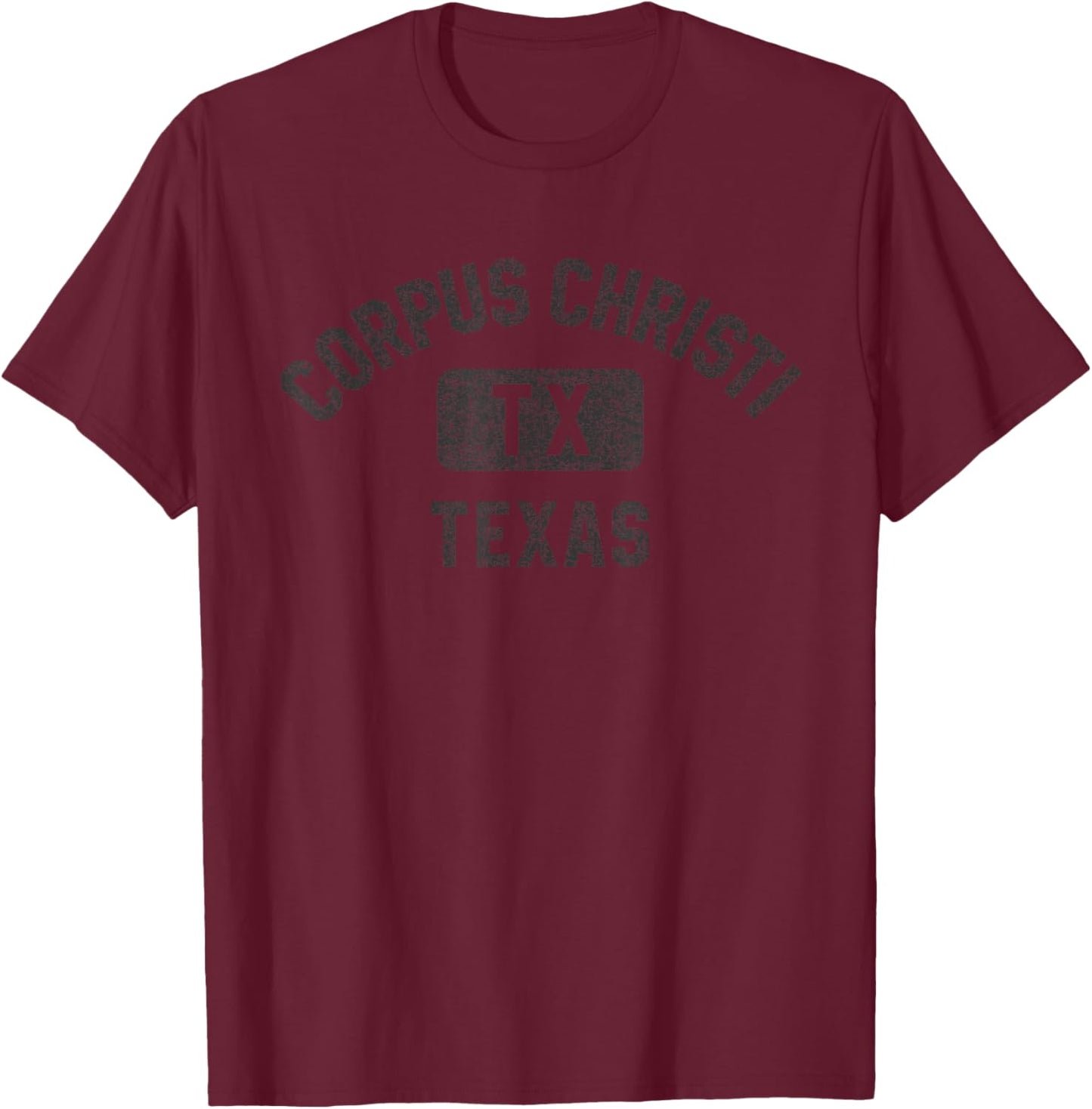 Corpus Christi Texas Gym Style Distressed Black Print T-Shirt - T-Shirt | Maroon